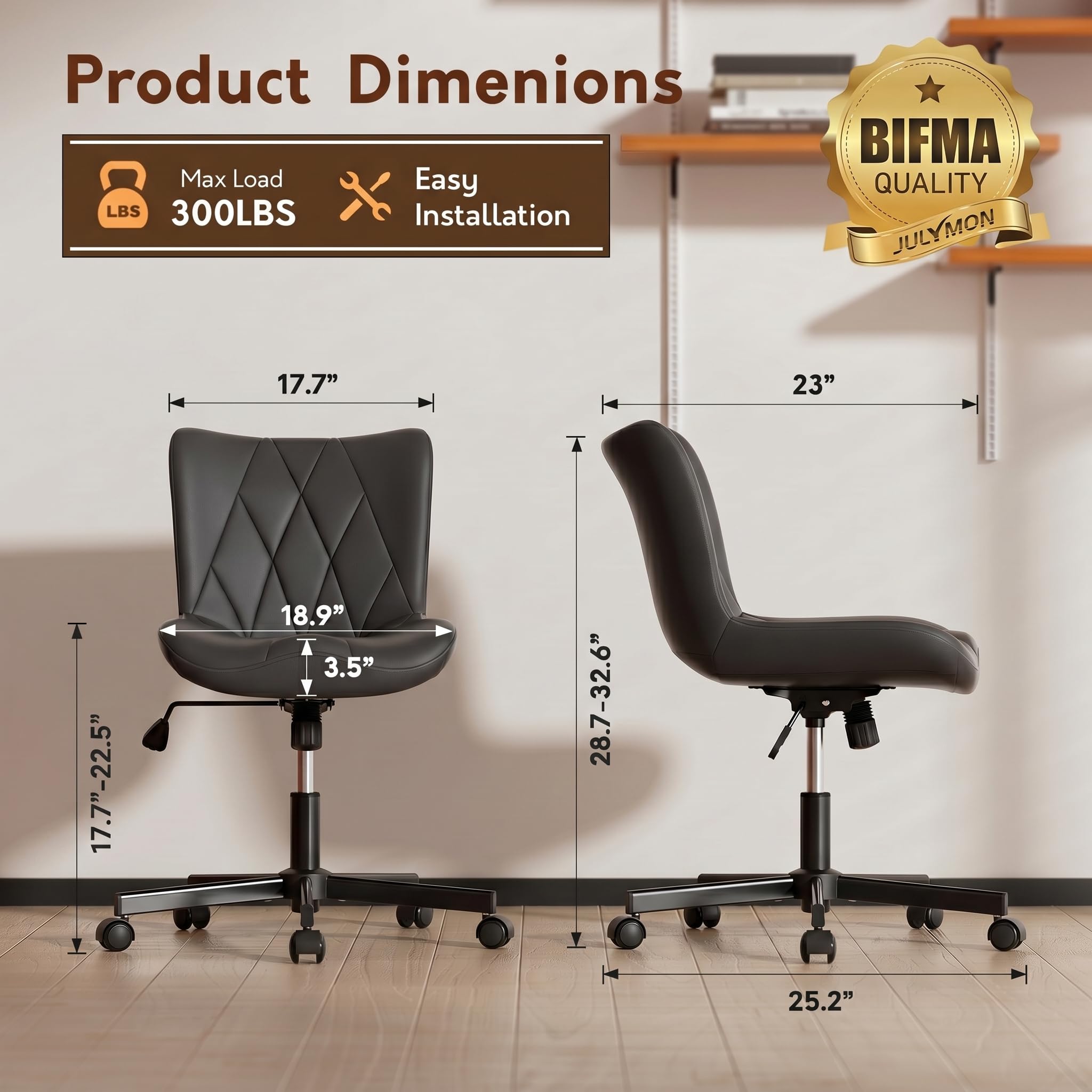 Armless Desk Chair, Morden Home Office Chair no Arms, Adjustable Height & Rocking Computer Chair, PU Leather Vanity Chair, Ergonomic Seat Soft Padded Desk Chairs for Home Small Space, Black