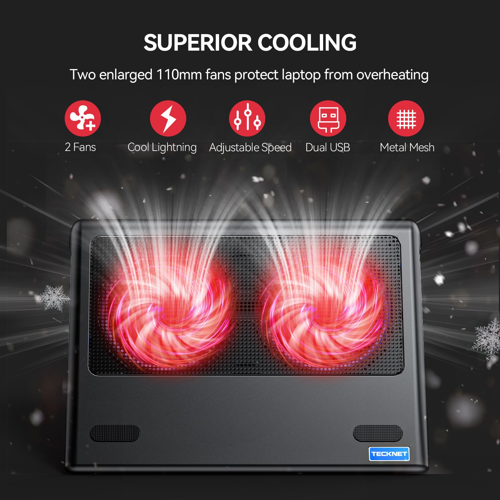Laptop Cooling Pad - 12"-15.6" Laptops Cooler, Powerful Cooler and Ultra Quiet for Gaming Laptops Pad, 2 Wind Speed Adjustable, USB A & C Powered Cooler Stand with Laptop Fan LED (Red)