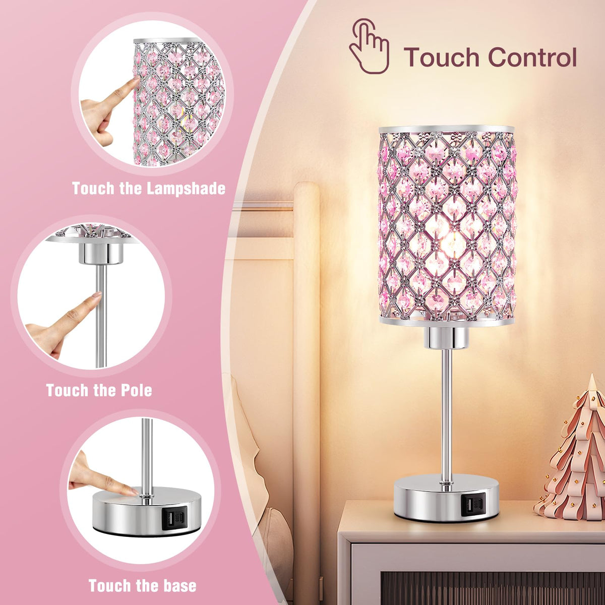 Crystal Table Lamp, Pink Touch Lamp with USB C+A Port, 3-Way Dimmable
