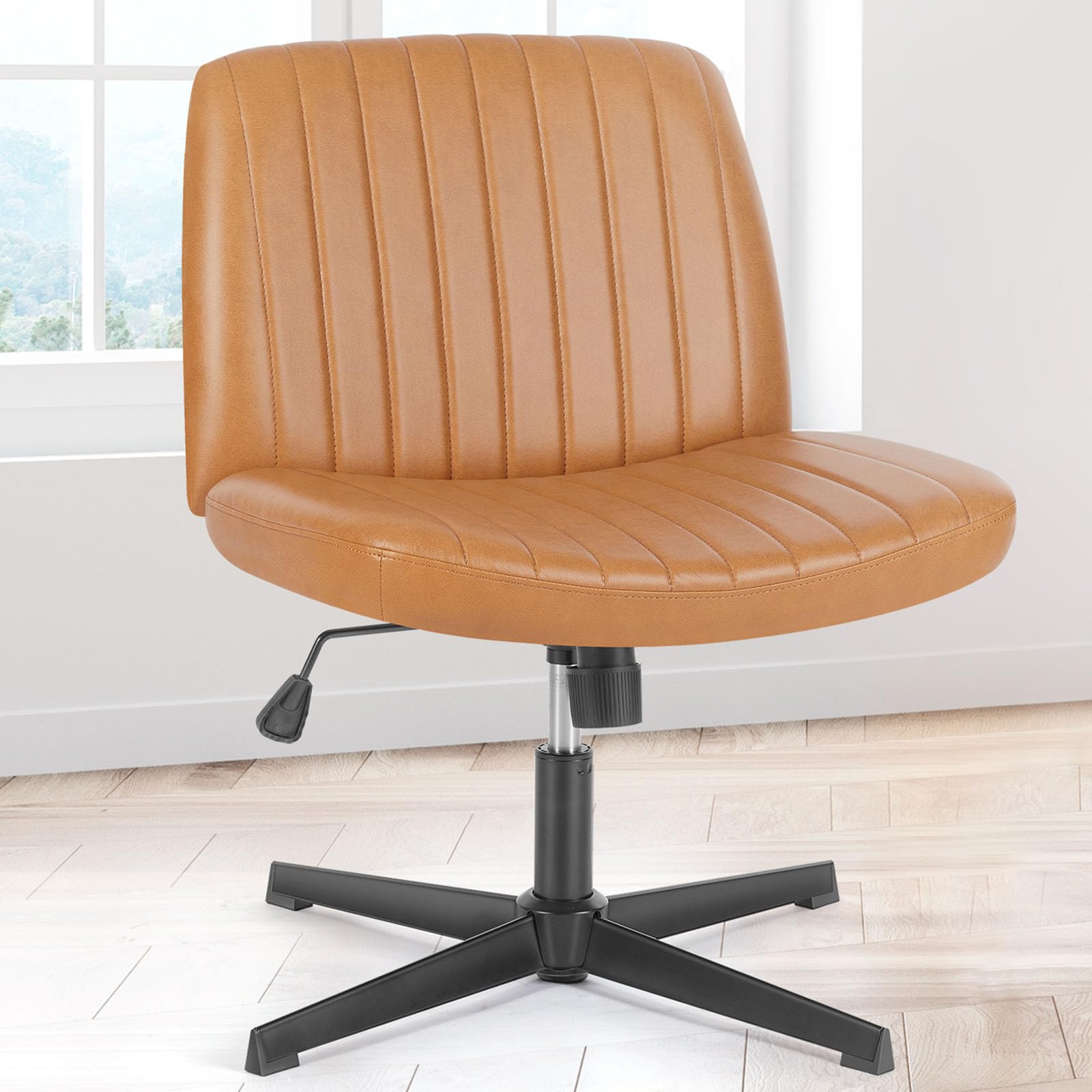 Criss Cross Legged Chairs Armless No Wheels Wide Seat Height Adjustable Swivel Padded PU Leather Home Office Desk Seating for Bedroom, Student, Study Room