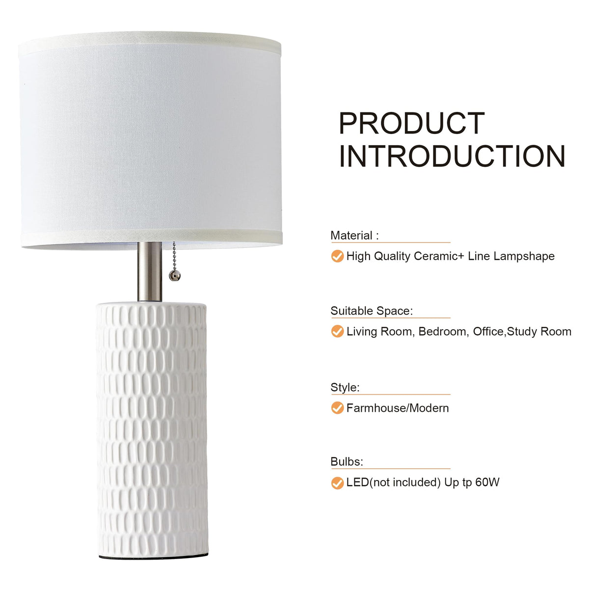 20" Modern Ceramic Table Lamps for Bedroom Set of 2, Small Table Lamps for Night Stands, Living Room, Home Office and Hallways, White