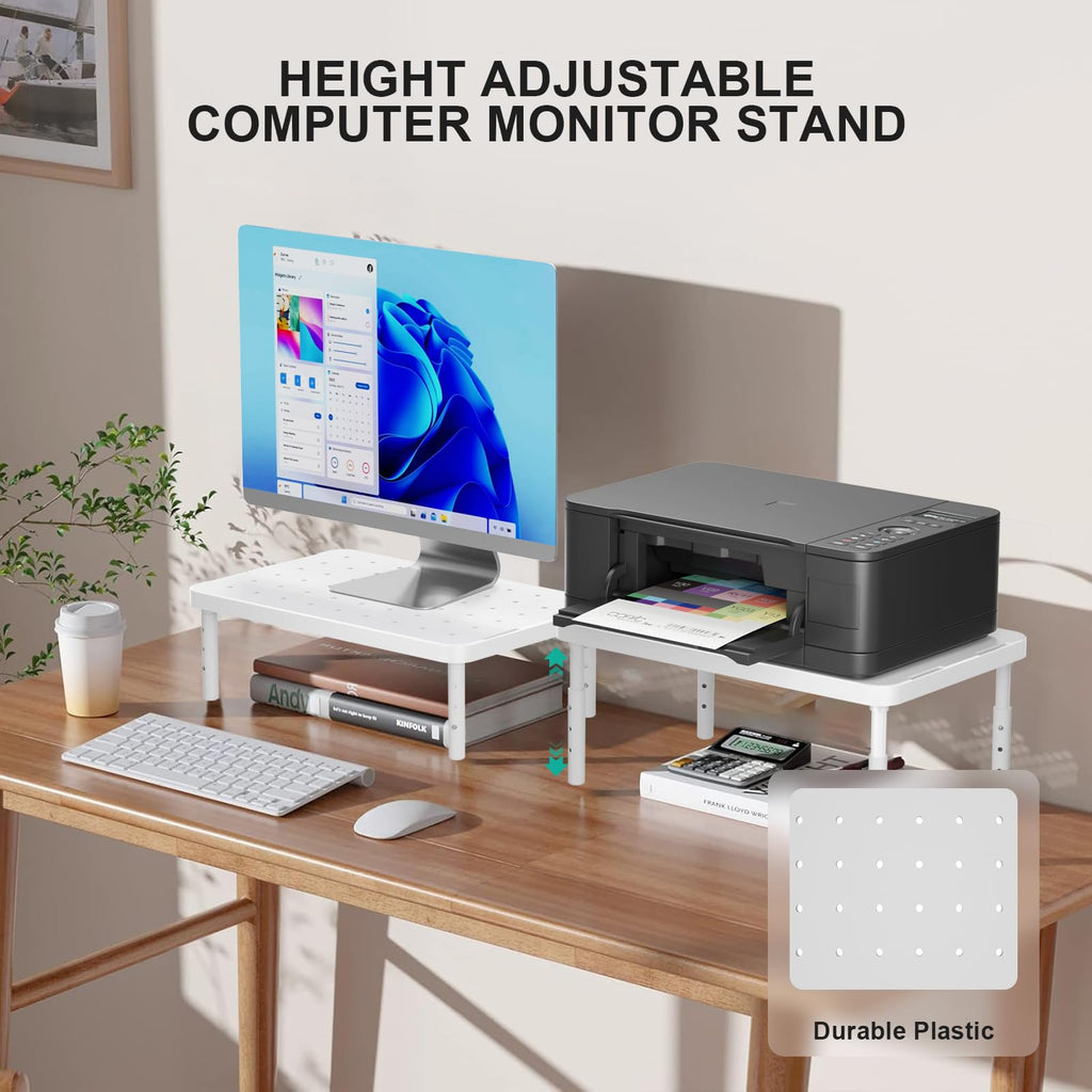 Computer Monitor Stand for Desk, Adjustable Laptop Riser, Desk Monitor Stand Underneath Storage for Office, Home, School Supplies (PTT001-W), 1 Pack, White