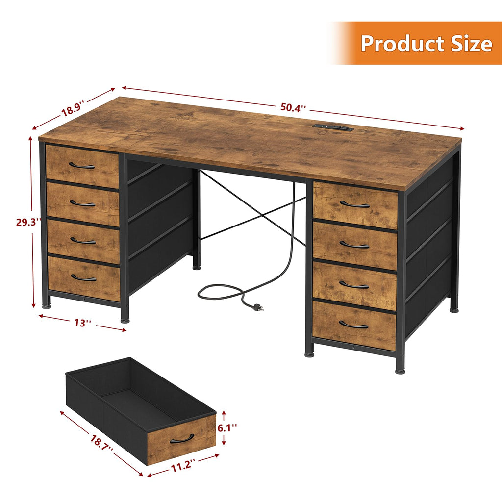 50 Inch Computer Desk with 8 Drawers, Home Office Desk with Power Outlets, Work Study Gaming Desk with 8 Fabric Drawers, Rustic Brown
