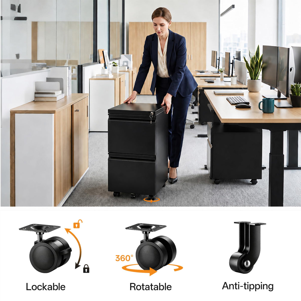2 Drawer Mobile File Cabinet with Lock, Fully Assembled Except Casters, Under Desk Metal Filing Cabinet for Home Office Organization, Fits Letter/Legal/A4