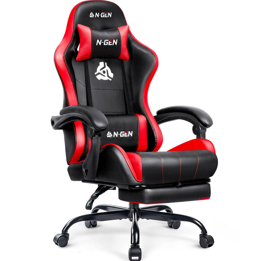 Gaming Chair with Footrest Lumbar Support for Home Office High Back Recliner Height Adjustable Ergonomic Comfy Leather Computer Desk Chair (Red)