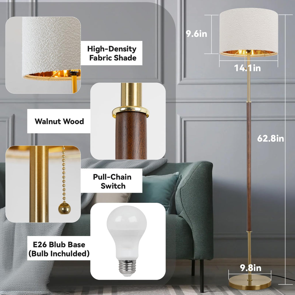 Bedroom Standing Floor Lamp, Farmhouse Lamp with Linen Shade, Gold