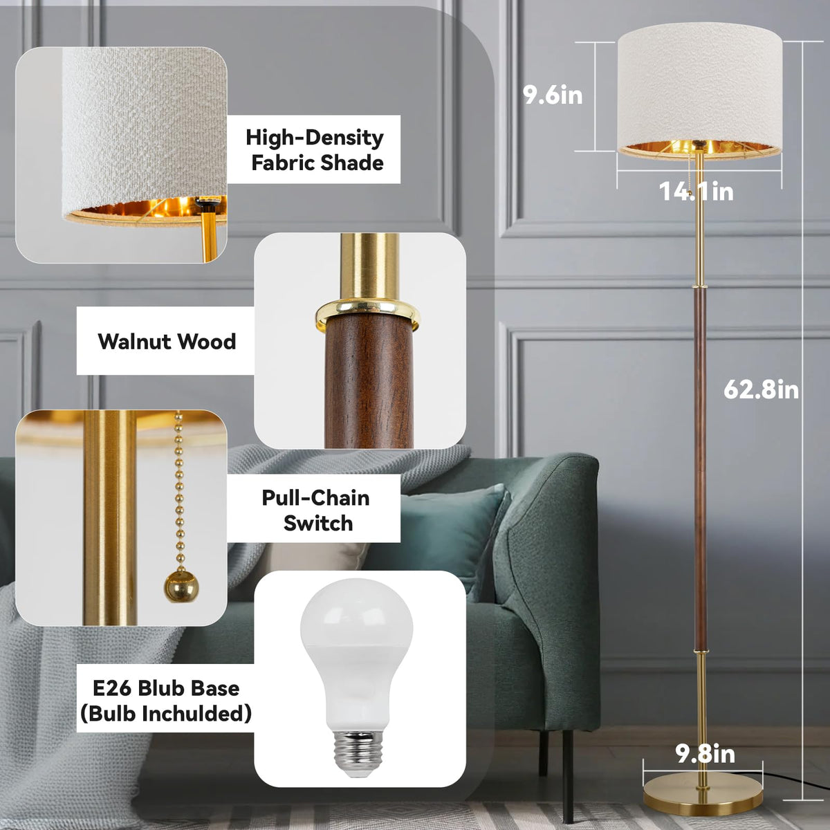 Bedroom Standing Floor Lamp, Farmhouse Lamp with Linen Shade, Gold