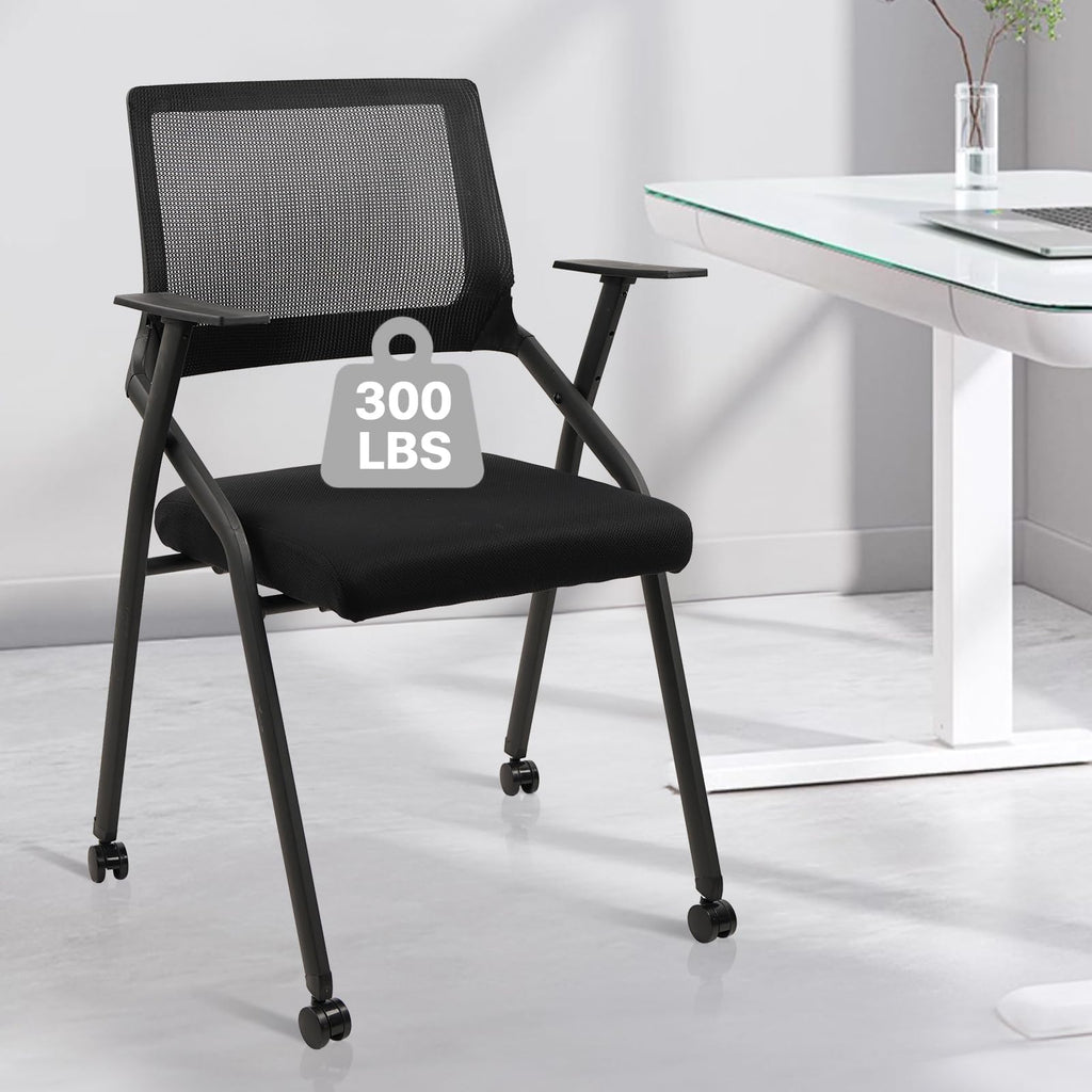 Black (10 pk) Ergonomic Stackable & Foldable Conference Room Chairs, Mesh Office Chair with Arms and Wheels for Office Waiting Room Meeting Lobby Church School Receptions and Training