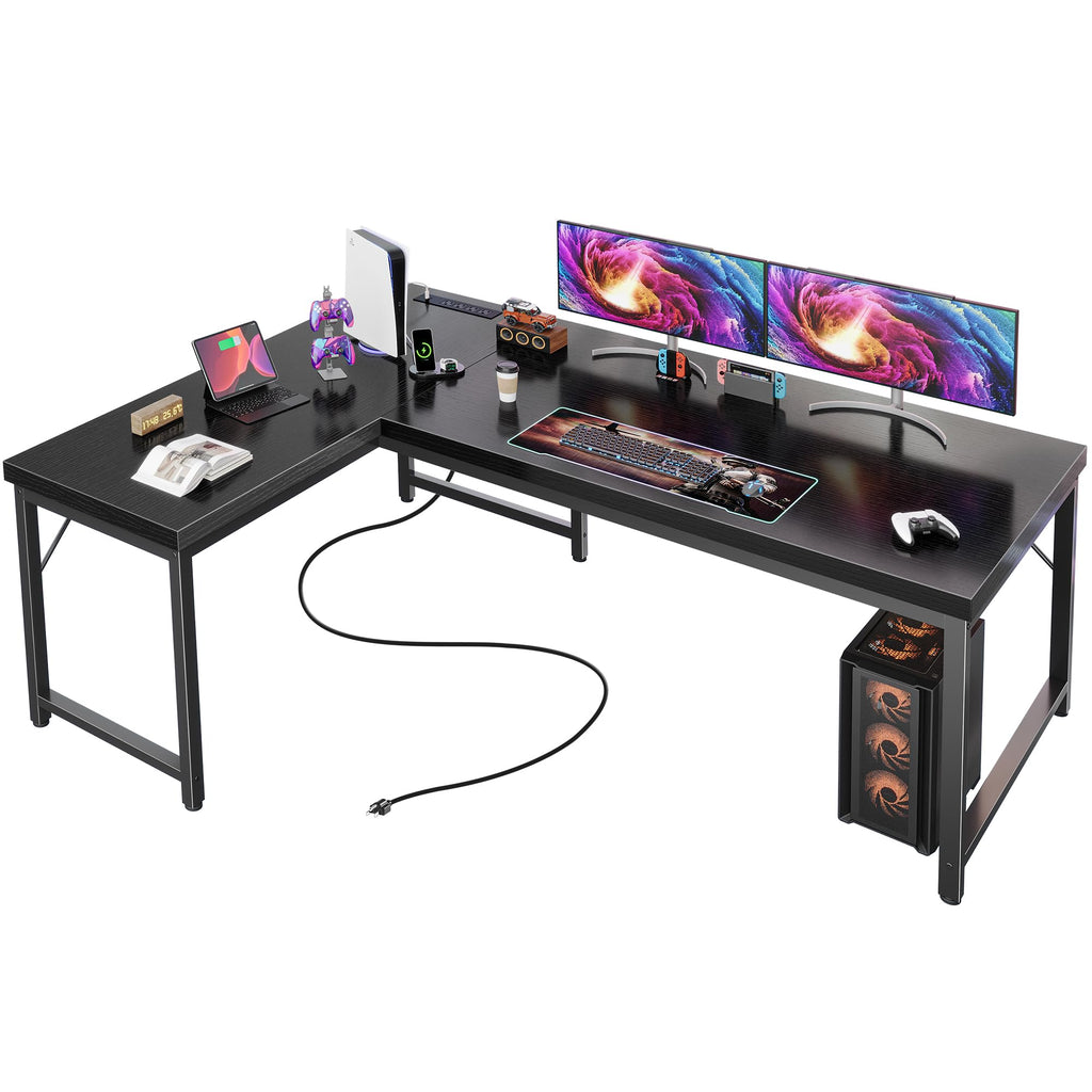 55 Inch L Shaped Desk with Power Outlets and USB-C Port, Reversible Computer Desk, Larger Office Corner Gaming Desk, 0.95 Inch Thicker Desktop, Metal Frame, for Home Office, Study, Black