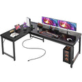 55 Inch L Shaped Desk with Power Outlets and USB-C Port, Reversible Computer Desk, Larger Office Corner Gaming Desk, 0.95 Inch Thicker Desktop, Metal Frame, for Home Office, Study, Black