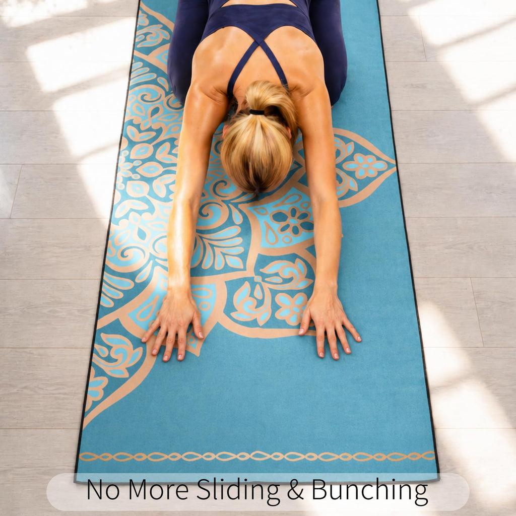 Hot Yoga Towel with Grip Dots, Non Slip, 70"x26, Turquoise Mandala