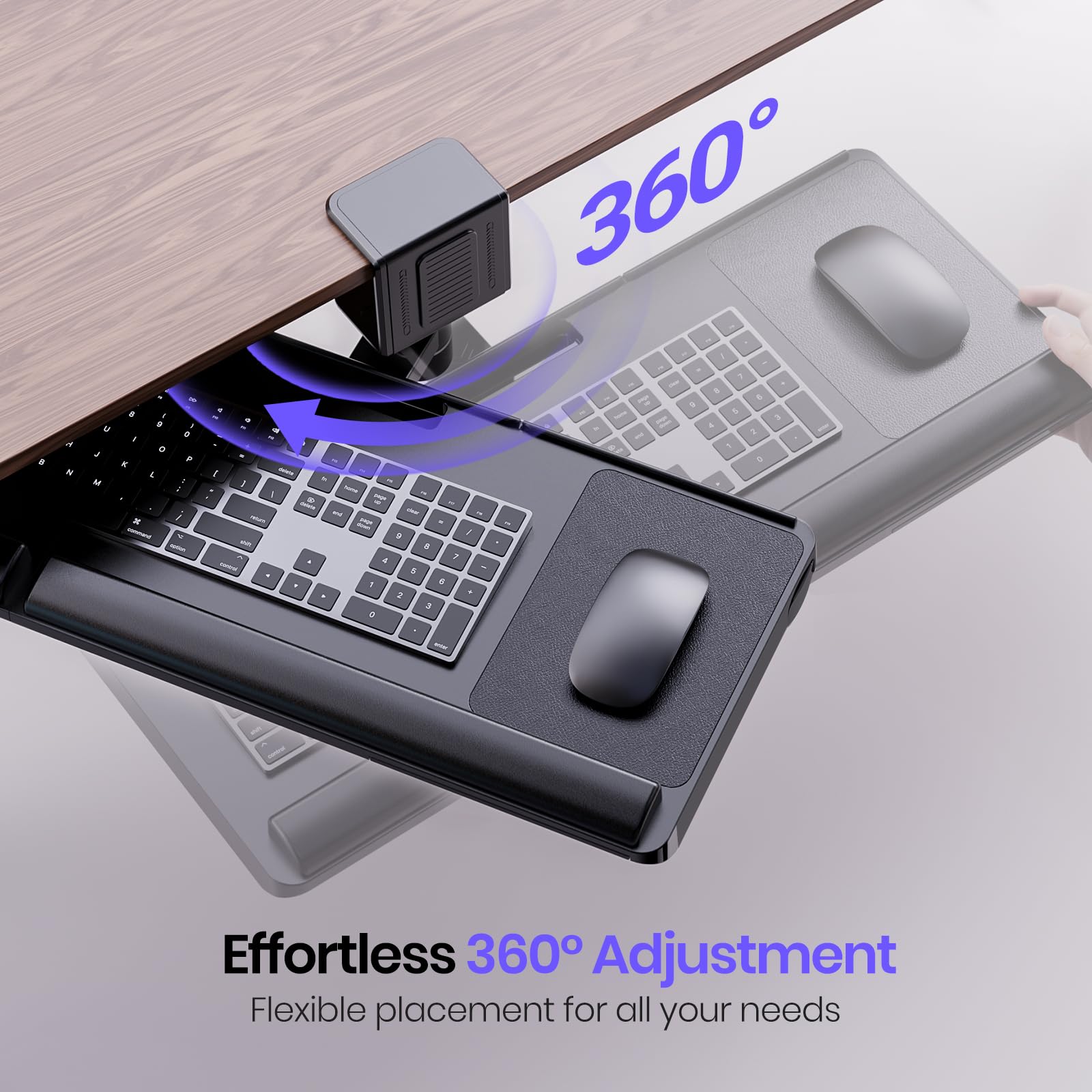 Upgraded Adjustable Keyboard Tray for Above Desk & Under Desk Use - Ergonomic Sit-Stand Keyboard Riser with 360° Rotation, 24.4"×10" Keyboard Stand with Wrist Rest & Storage Drawer - Black