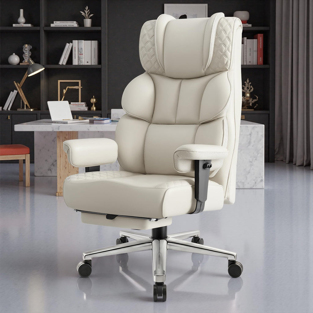 Office Desk Chair, Big and Tall Leather Gaming Chair with Footrest, Ergonomic Comfy Executive High-Back Reclining Computer Chairs, Wide Swivel Rolling Wheels and Padded Lumbar Support, White