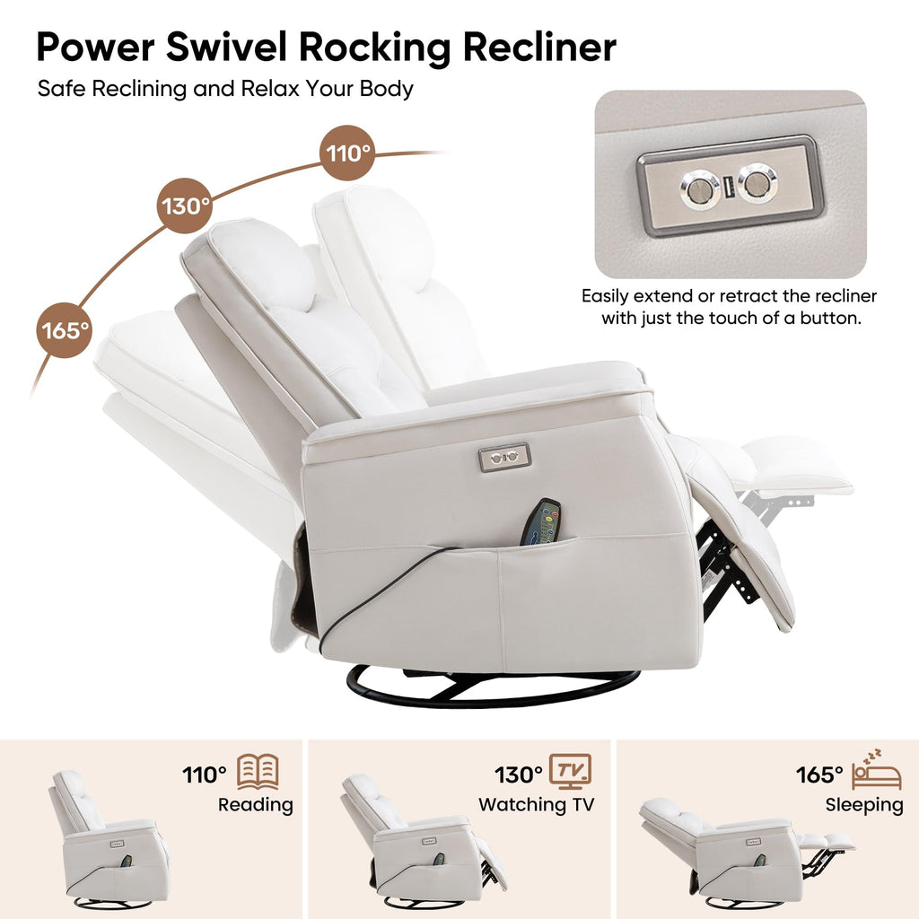Recliner Chair for Adults, Power Faux Leather Rocker Recliner Massage and Heat, Oversized Swivel Reclining Nursery Chair with USB Ports for Living Room, Office Beige