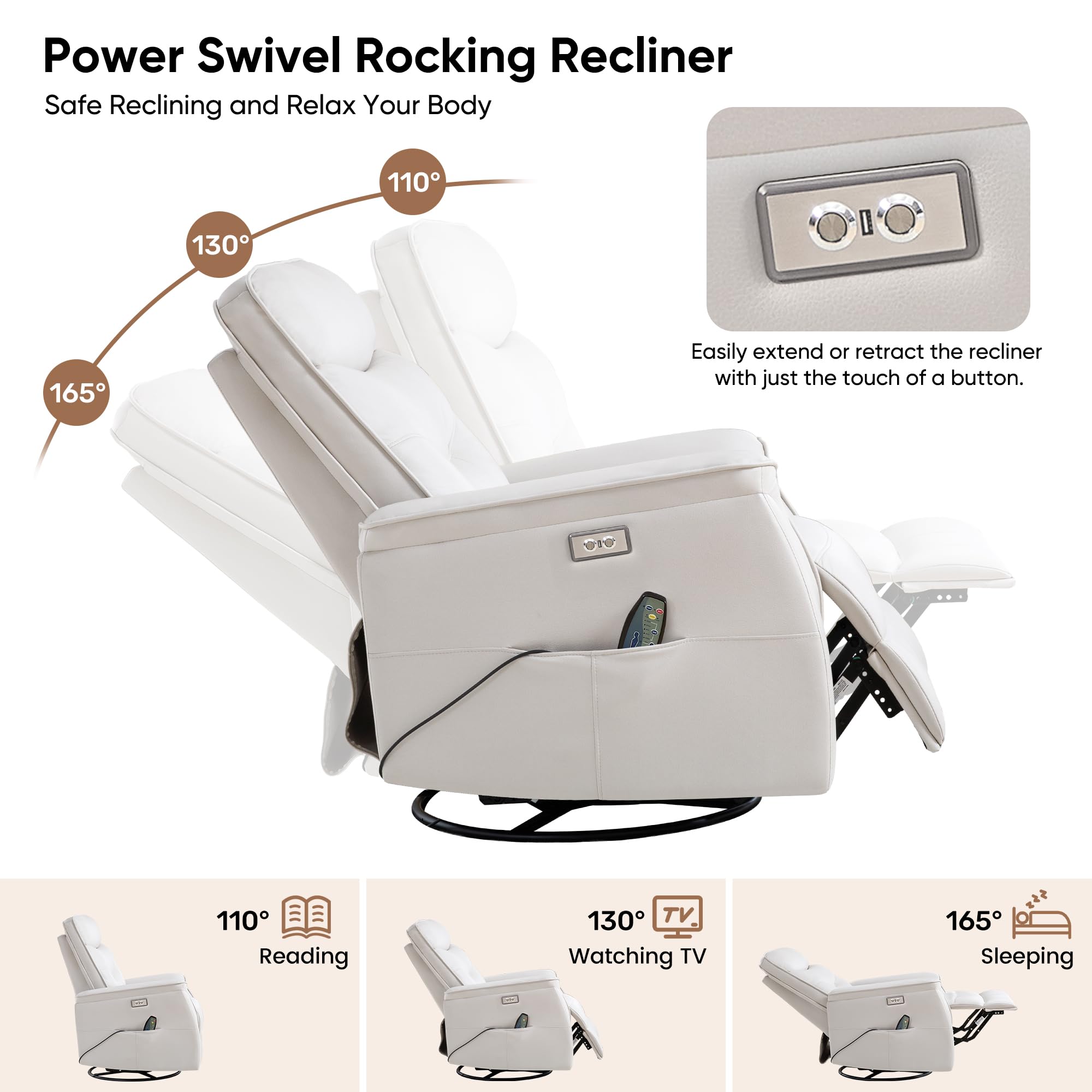 Recliner Chair for Adults, Power Faux Leather Rocker Recliner Massage and Heat, Oversized Swivel Reclining Nursery Chair with USB Ports for Living Room, Office Beige