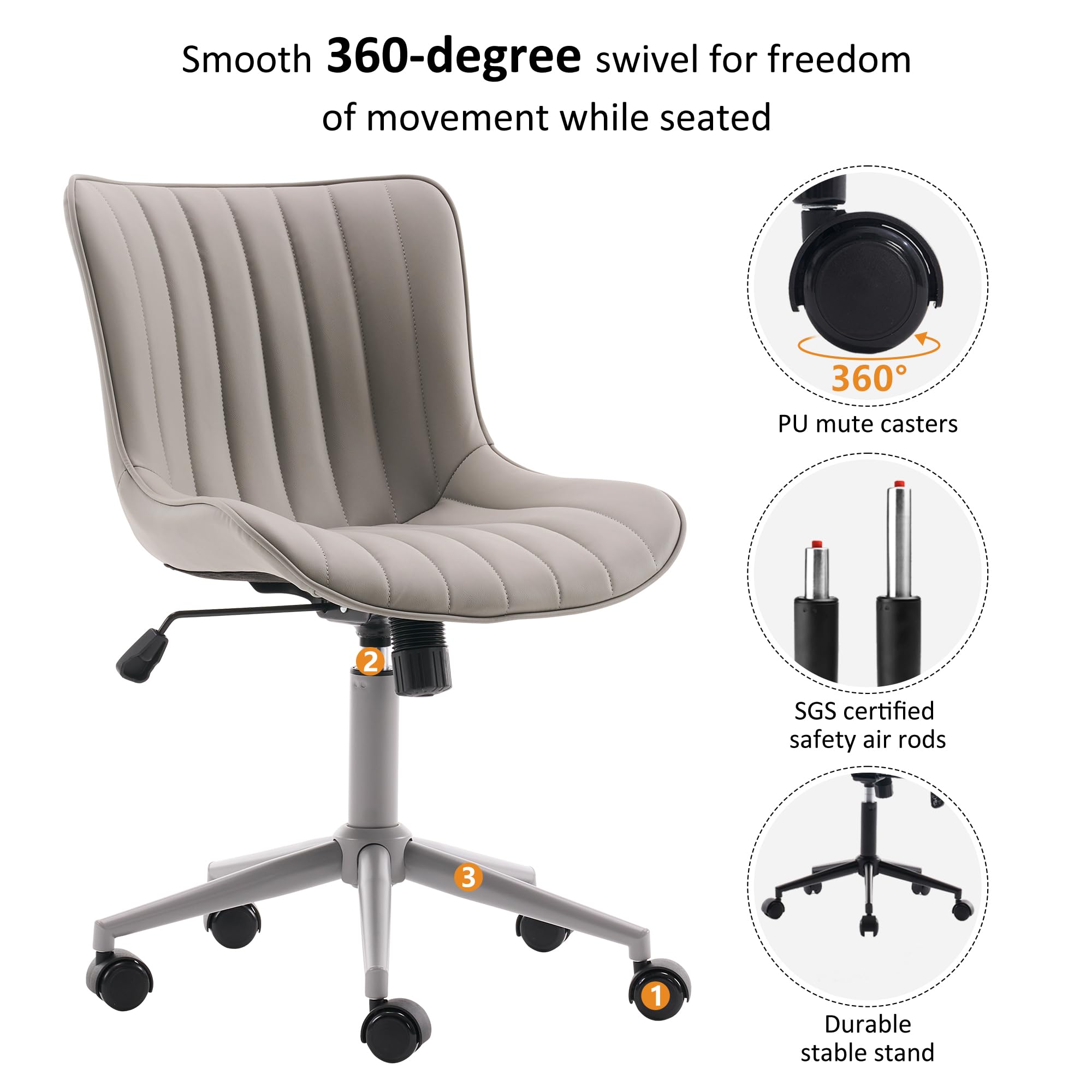 Home Office Desk Chair with Wheels Armless Vanity Chair with Back Comfy Modern Leather Upholstered Rolling Task Chair Swivel Small Cute Sewing Chair No Arms Wide Adjustable Ergonomic Grey