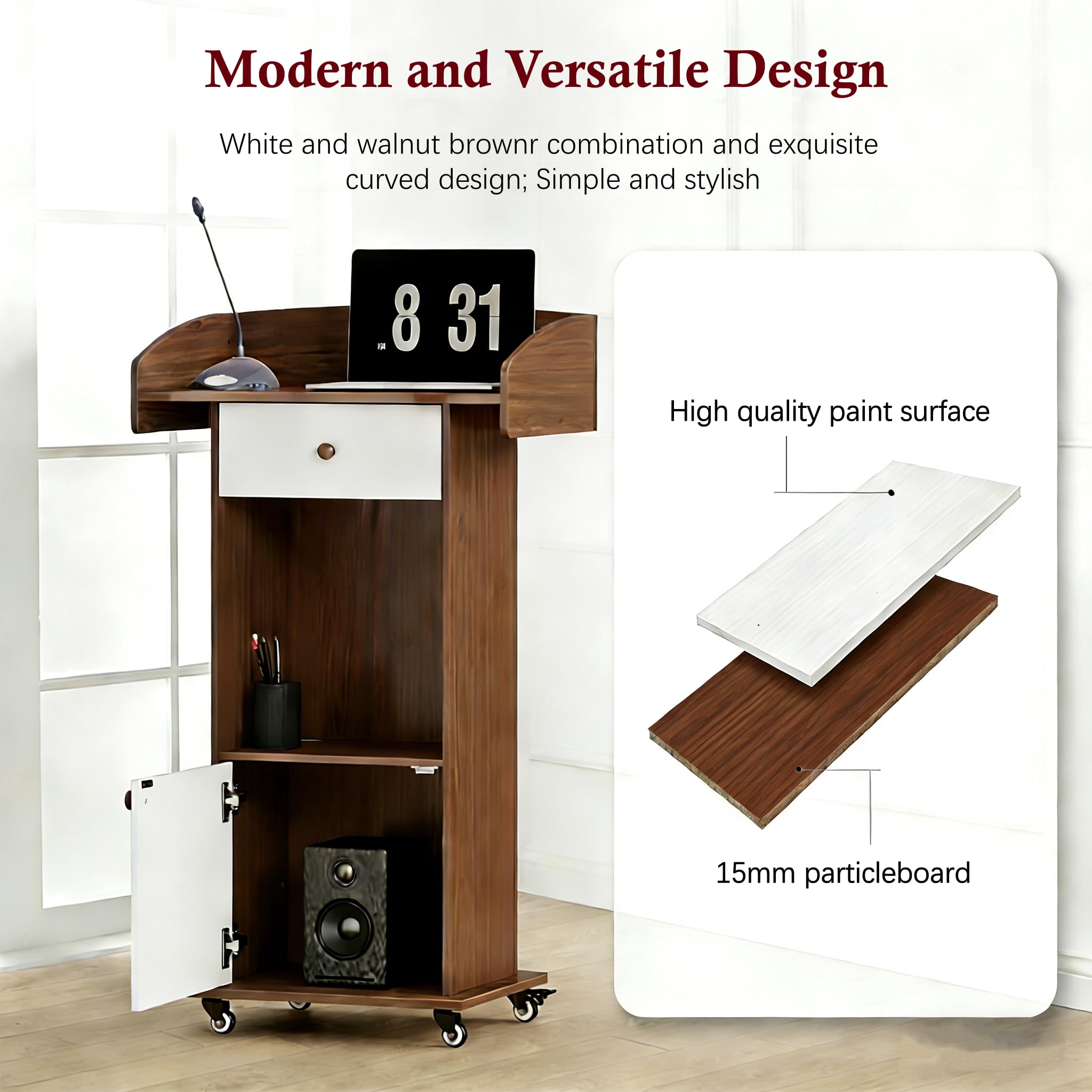 Podium Stand with Metal Wheels Wooden Lectern Podium Stand Portable Pulpit Standing with Storage Mobile Reception Podiums for Church Office School Conference Restaurant Meeting,Brown White
