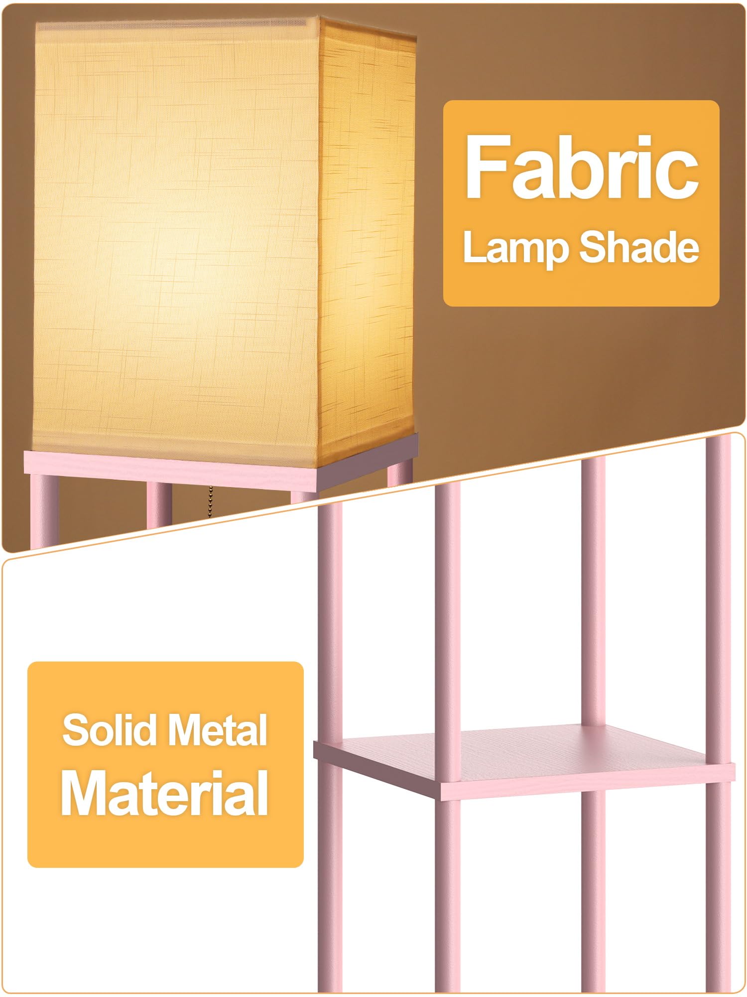 Pink Floor Lamp with Shelves for Living Room, Shelf Floor Lamp with 3 CCT LED Bulb, Corner Display Standing Column Lamp Etagere Organizer Tower Nightstand with White Linen Shade for Bedroom, Office