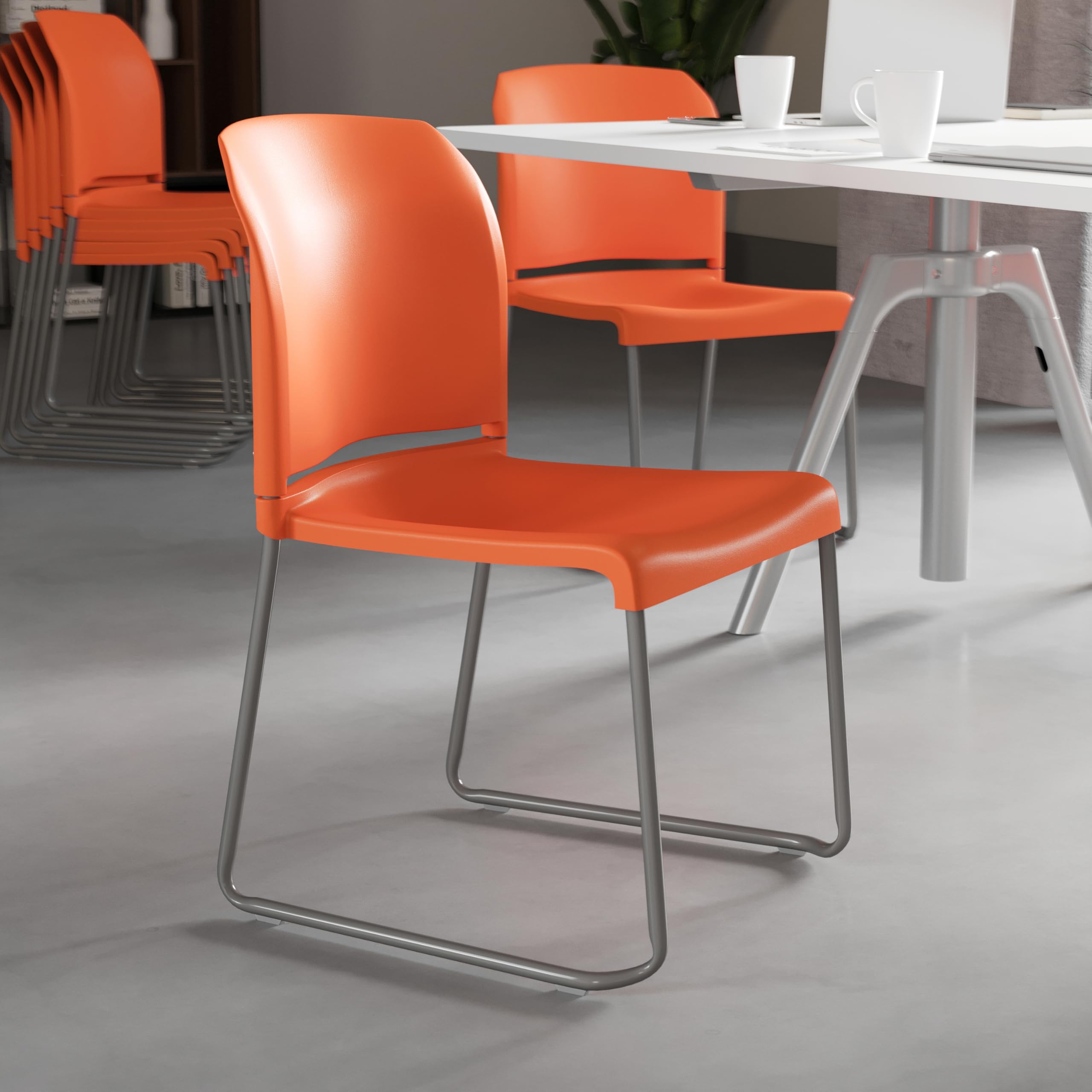 Set of 5, Hercules Series Contoured Stacking Chairs for Waiting Rooms and Offices, Ergonomic Lobby Chairs with Curved Back, Orange