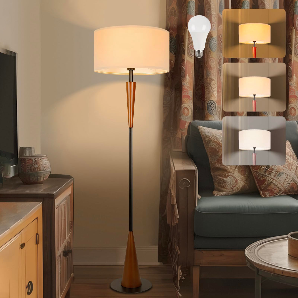 Floor Lamps for Living Room,61.5" Wood Floor Lamp,Retro Farmhouse Standing Lamp Includes 9W Bulb with 3-Color Temperature,Tall Lamp for Bedroom,Dining Room,Living Room,Corner,Brown