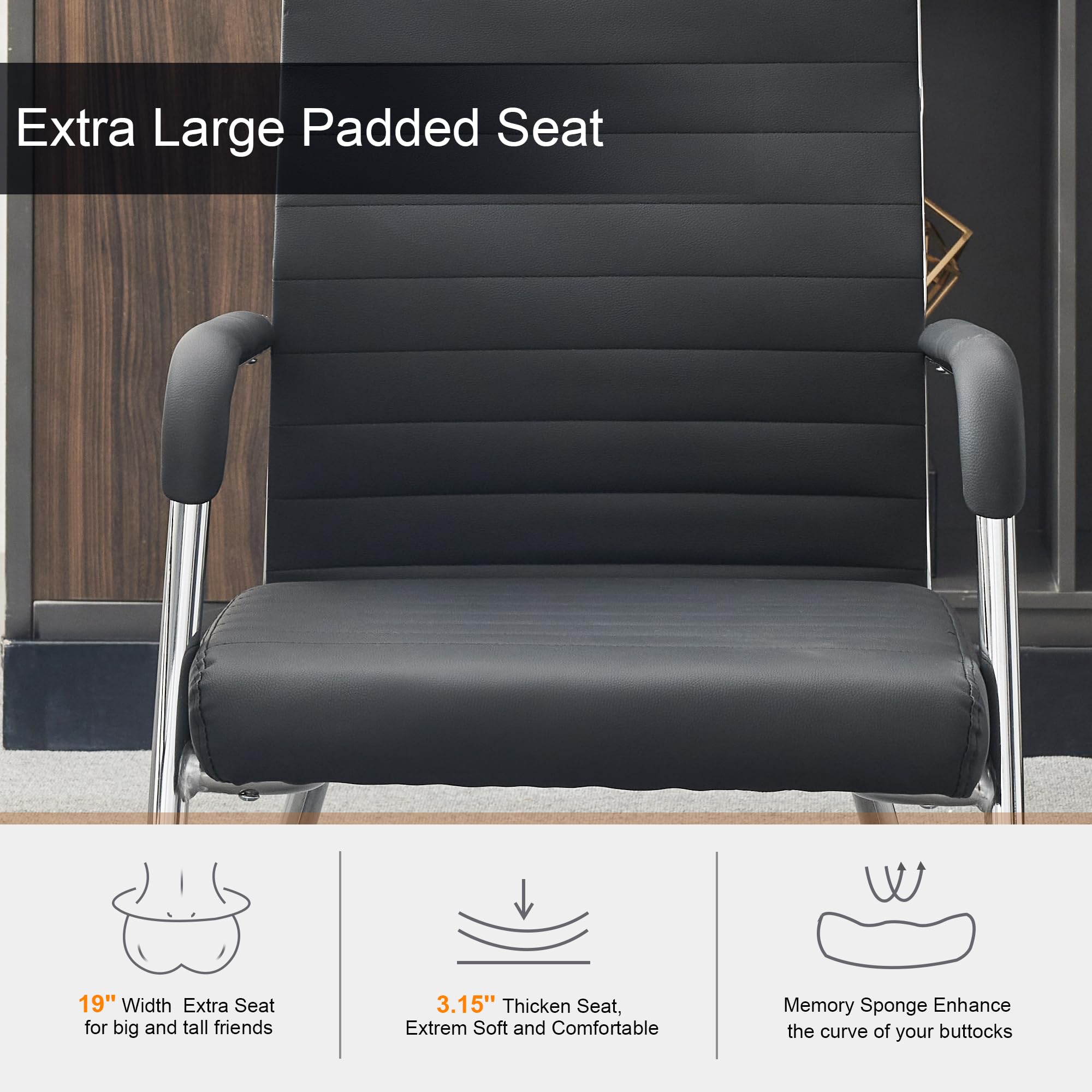 Office Chairs Set of 6, Modern Leather Reception Chairs with Mid Back & Sled Base, No-Wheel Desk Chairs for Waiting Room & Conference Room
