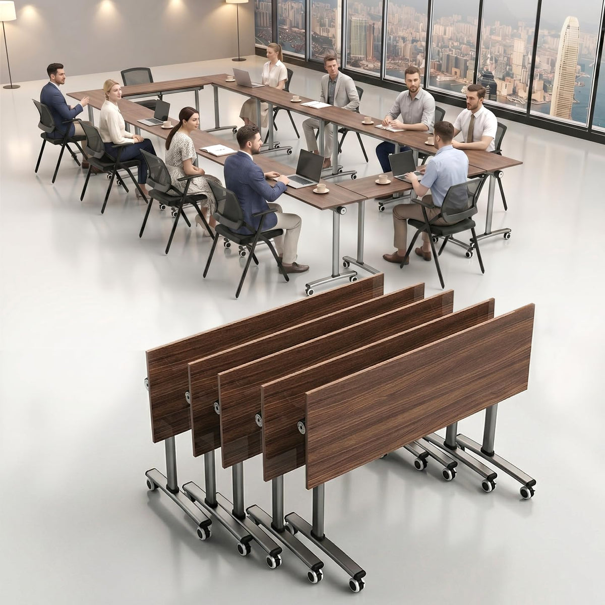 8 Pack Flip Top Training Table with Lockable Wheels, Mobile Nesting Folding Conference Table, Space Saving Seminar Desk for Classroom, Office, Library (Walnut, 47"×16"×30")