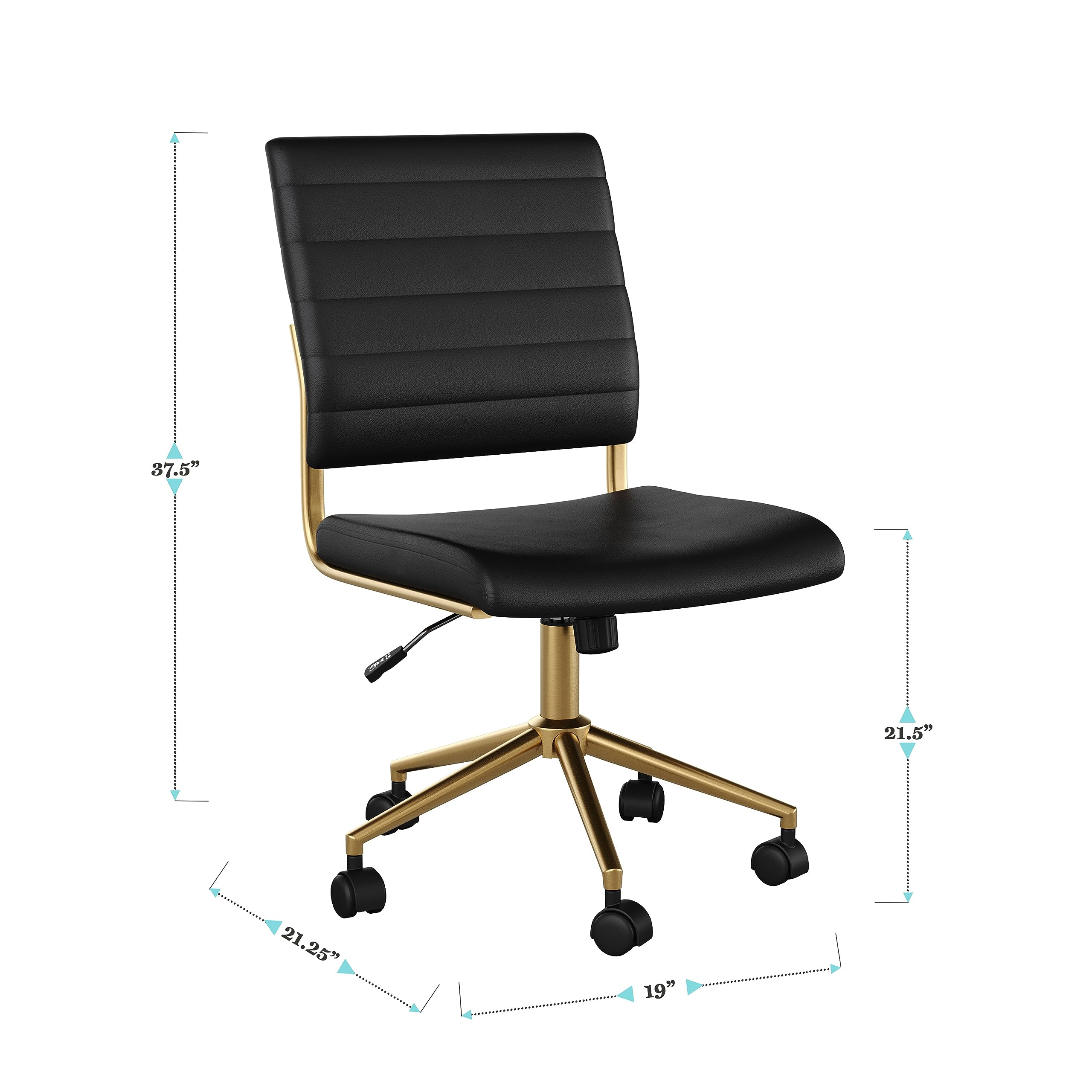Armless Swivel Task Chair for Home Office in Black Faux Leather with Polished Brass Frame