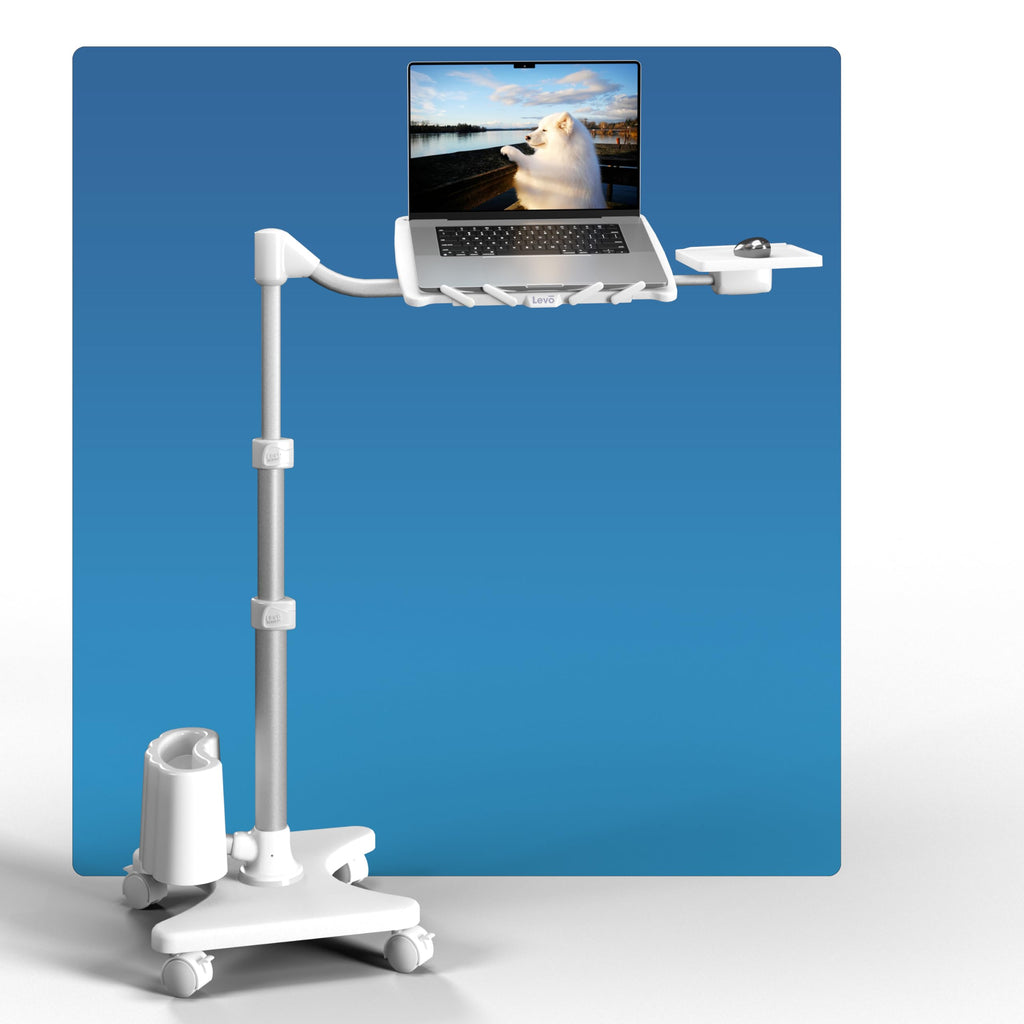 Deluxe Adjustable Laptop Stand – Rolling Computer Desk & Ergonomic Table for Bed, Sofa, or Office – Portable Mobile Workstation with Tilt – Fits Devices up to 16″ - Silver & White