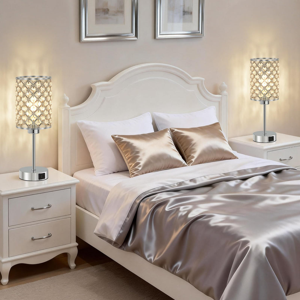 Crystal Table Lamp, Silver Touch Lamp with USB C+A Port, 3-Way Dimmable