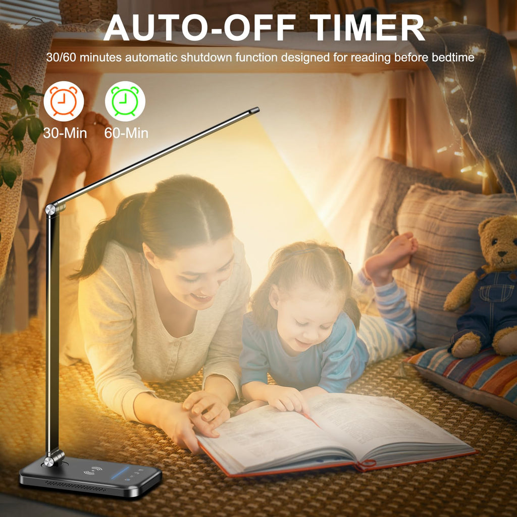 8-in-1 LED Desk Lamp with 10W Fast Wireless Charger,USB Charging Port,Desk Lamps for Home Office,5 Color Mode 7 Brightness Desk Light Night Light,40Min Timer, Reading Table Lamp for Bedroom
