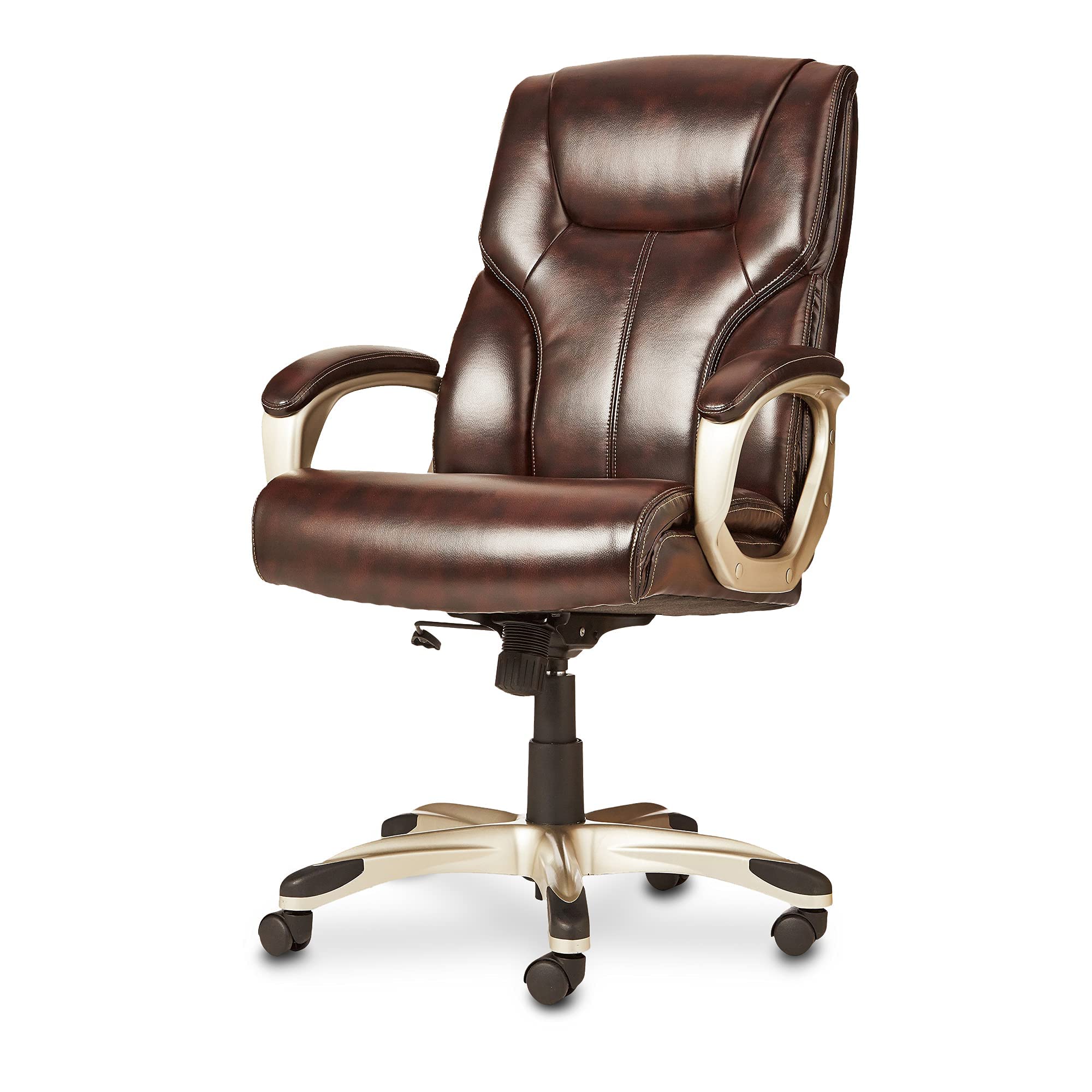 Executive High Back Office Chair, Adjustable Height, Tilt, Swivel, Padded Armrests, Brown/Gold