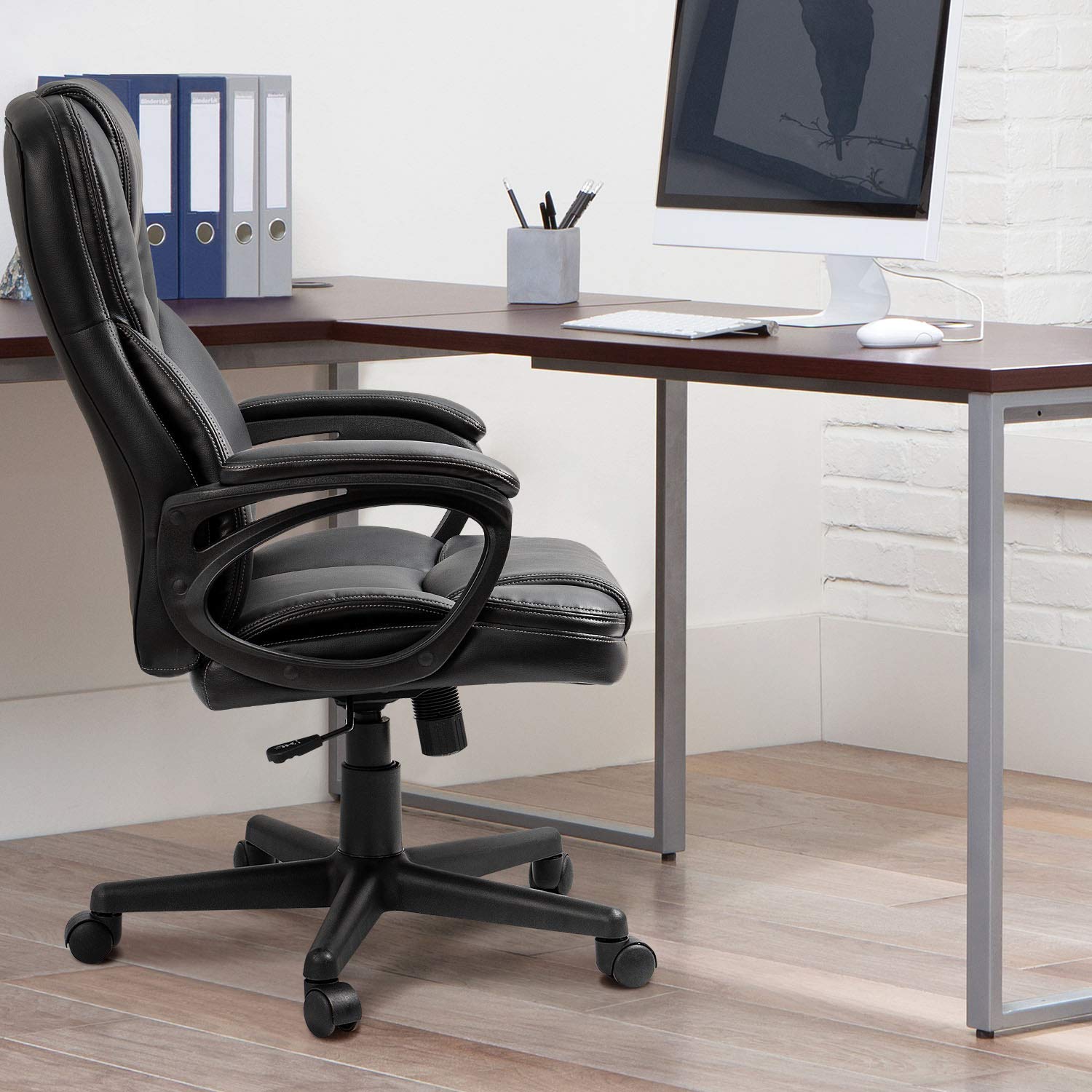 Office Executive Chair High Back Adjustable Managerial Home Desk Chair, Swivel Computer PU Leather Chair with Lumbar Support (1, Black)