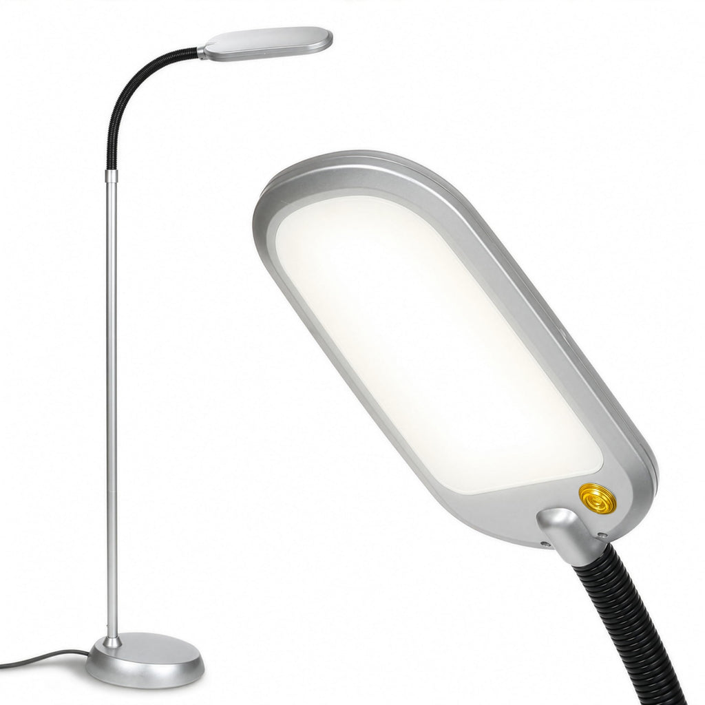 Litespan Slim LED Floor Reading Lamp with Adjustable Gooseneck for Living Rooms & Offices, Dimmable Standing Lamp for Bedroom - Silver