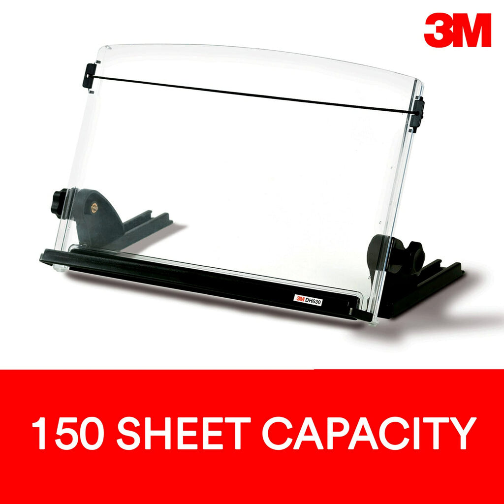 Adjustable Document Copy Holder, Inline with Monitor Minimizing Head and Neck Movement, 150 Capacity Holds Sheets to Books, Elastic Guide Keeps Pages Open, 14" Wide, Black (DH630) - Black/Clear