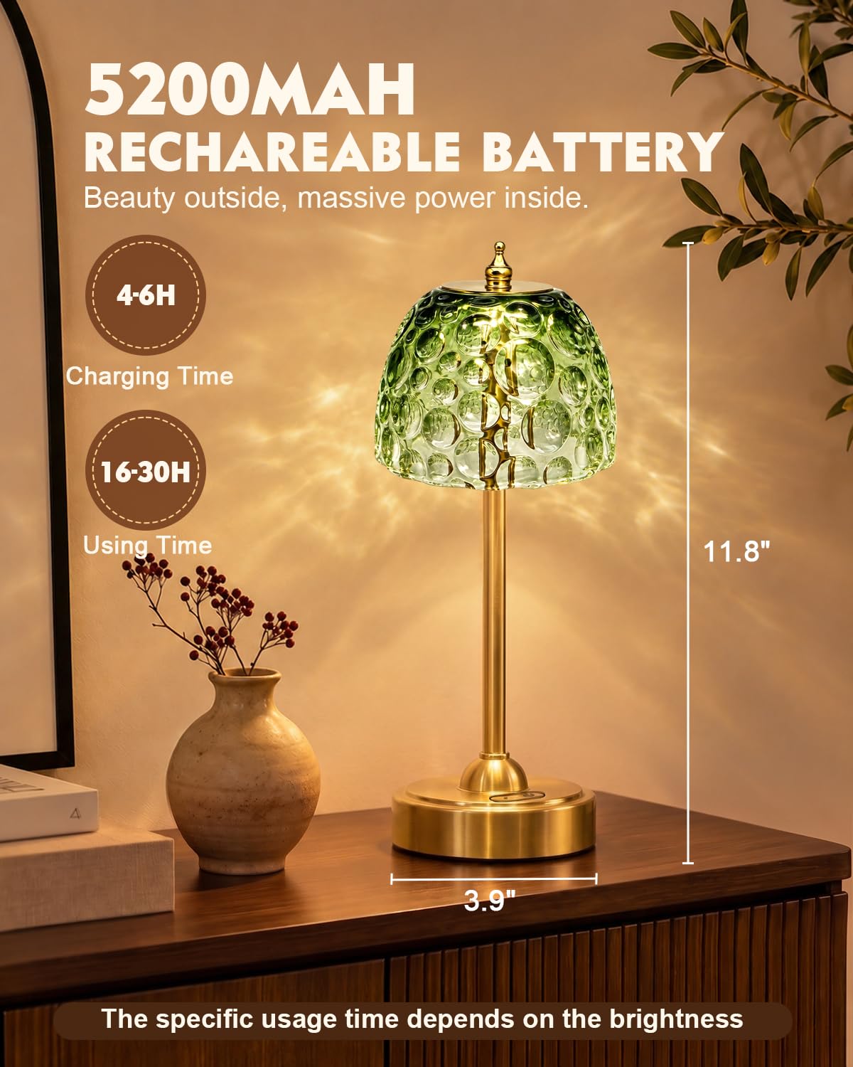 Cordless Glass Table Lamp, 5200mAh Small Rechargeable Touch Lamp