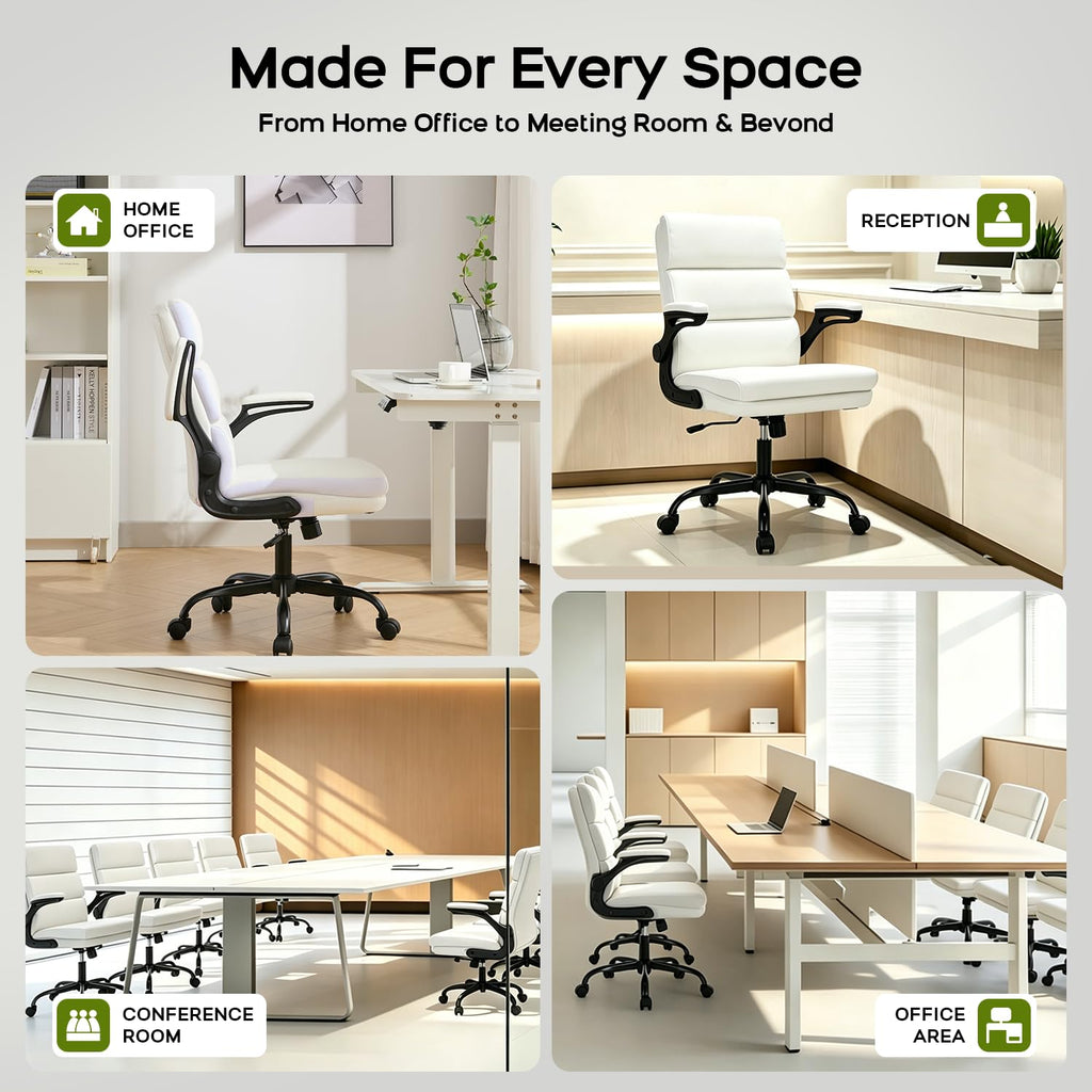 Office Chair Adjustable Desk Chair Mid Back Executive Comfortable Bonded Leather Ergonomic Back Support Home Computer Chair with Padded Flip-up Armrest Swivel Wheels (White)