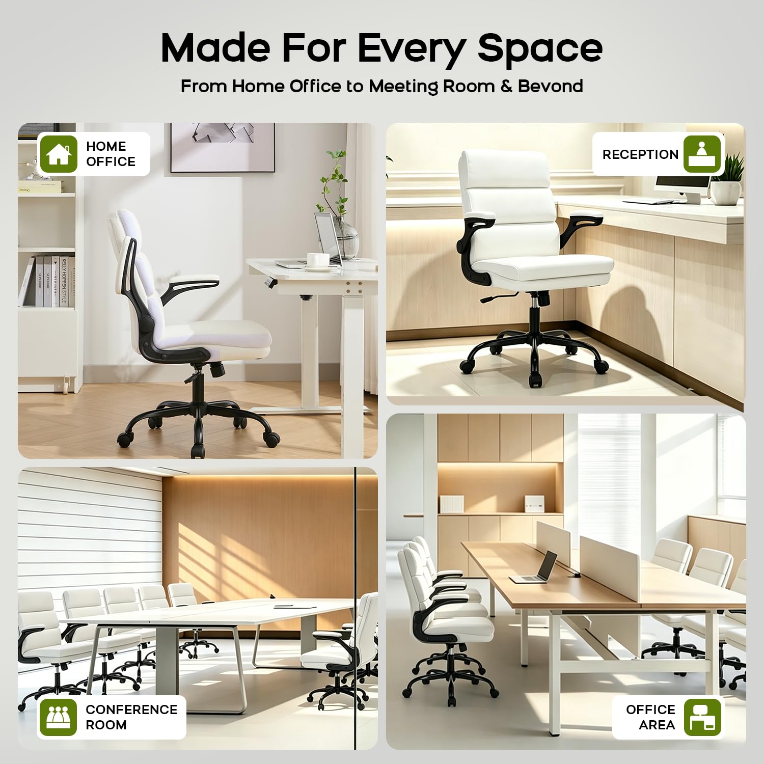 Office Chair Adjustable Desk Chair Mid Back Executive Comfortable Bonded Leather Ergonomic Back Support Home Computer Chair with Padded Flip-up Armrest Swivel Wheels (White)