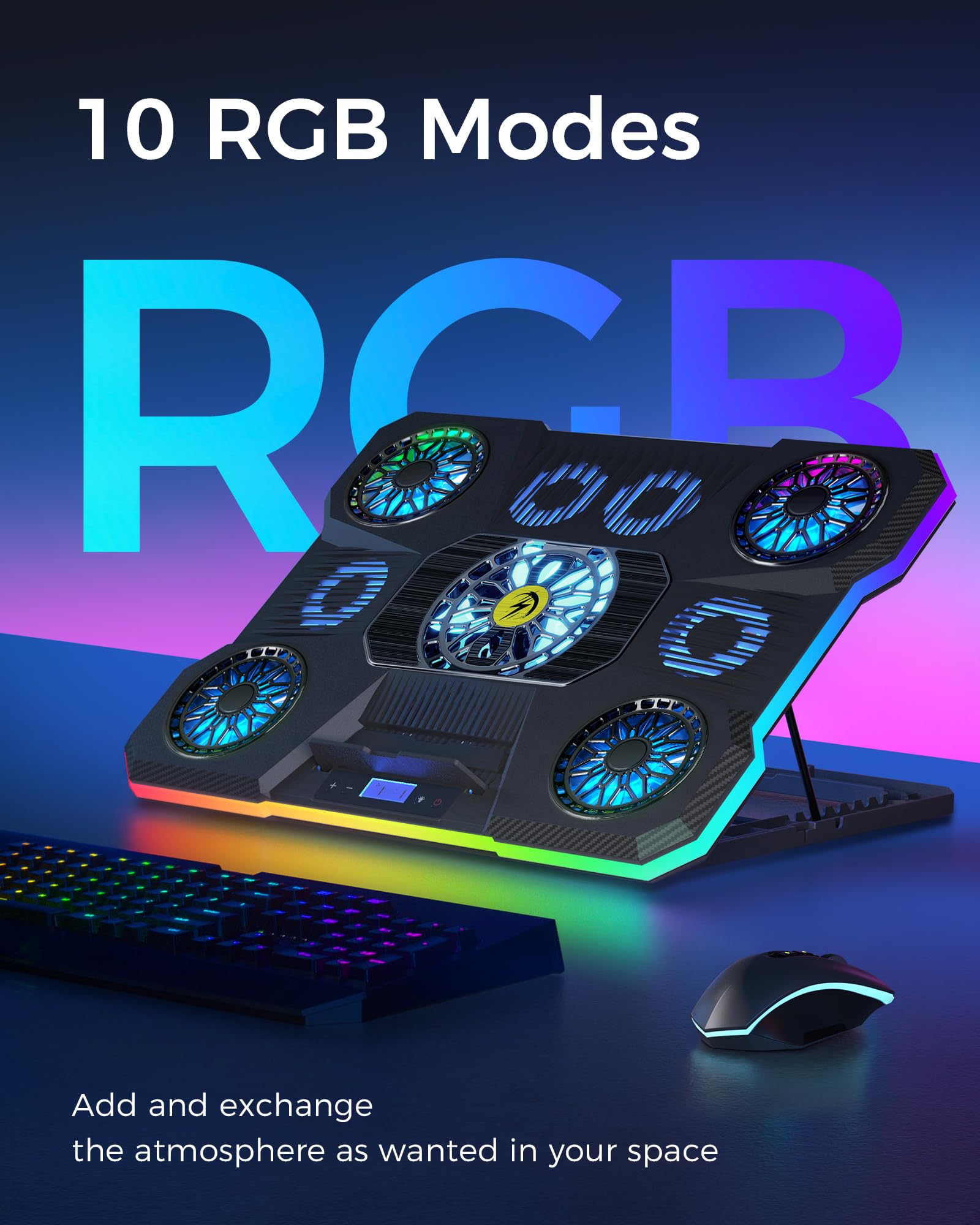 Laptop Cooling Pad, RGB Lights Laptop Cooler 9 Fans for 15.6-19.3 Inch Laptops, Gaming Laptop Fan Cooling Pad with 8 Height Stands, 2 USB Ports - A21 Blue