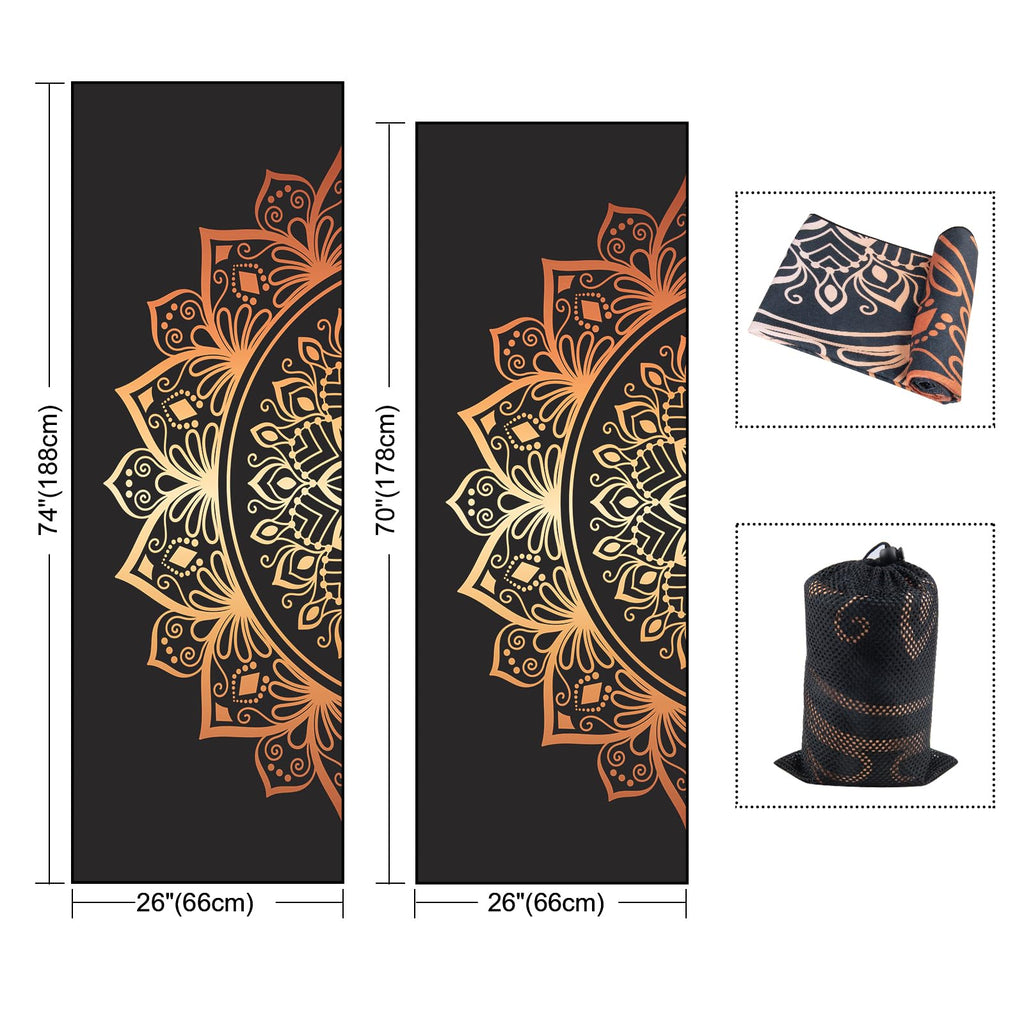 Non Slip Hot Yoga Towel, 70"x26", Golden Mandala