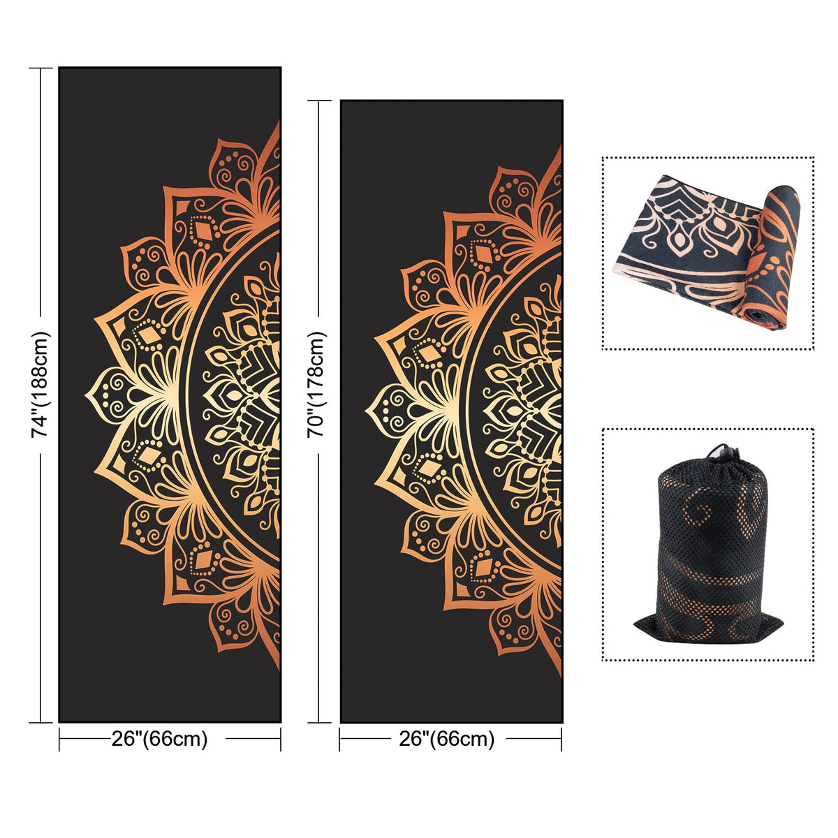 Non Slip Hot Yoga Towel, 70"x26", Golden Mandala