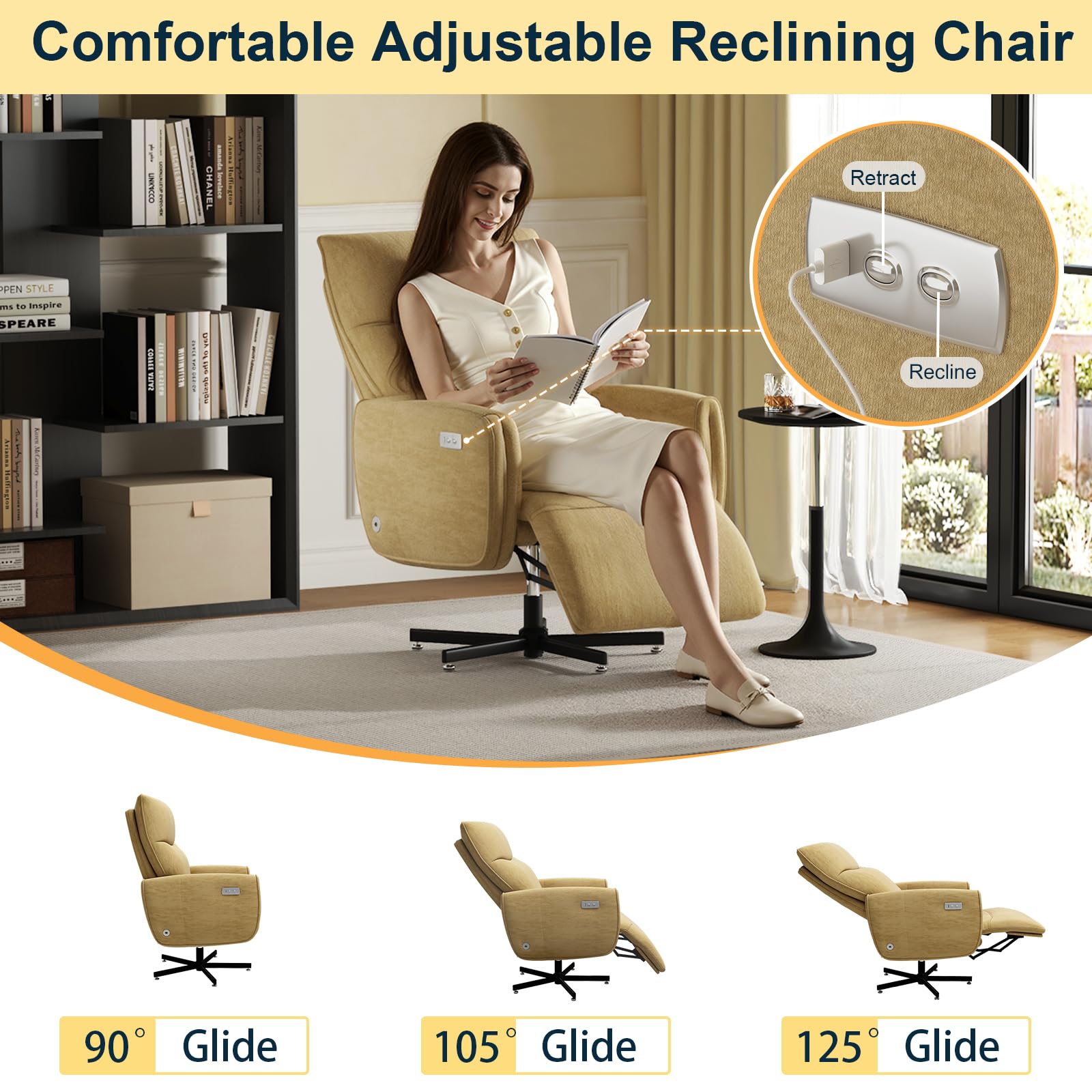 Power Reclining Adjustable Swivel Chair, Ergonomic Executive Office Chair, 90°-125° Tilt, Velvet Upholstery, Built-in USB Charger, 360° Rotation & Height Adjustment, Modern Desk Chair for Home Office