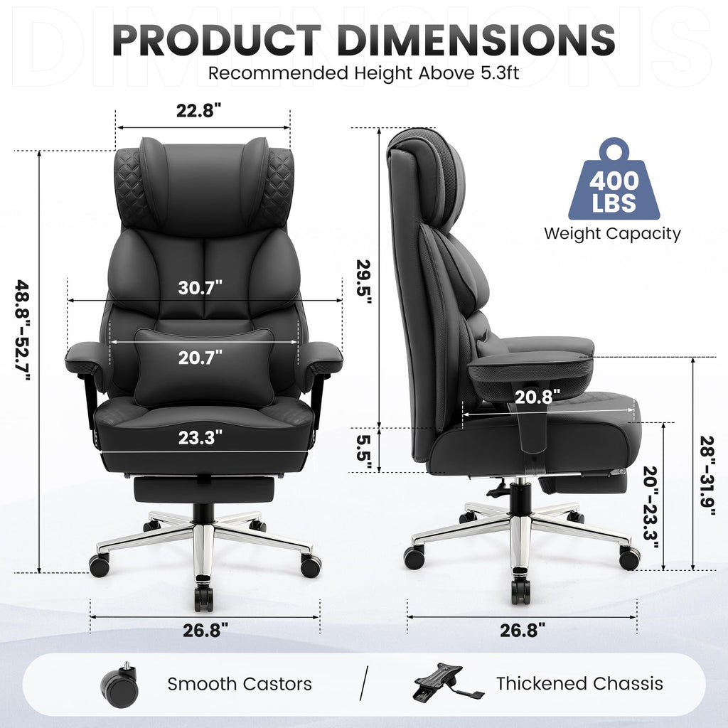 Office Desk Chair, Big and Tall Leather Gaming Chair with Footrest, Wide Ergonomic Comfy Executive High-Back Reclining Computer Chairs, Swivel Rolling Wheels and Padded Lumbar Support, Black Updated