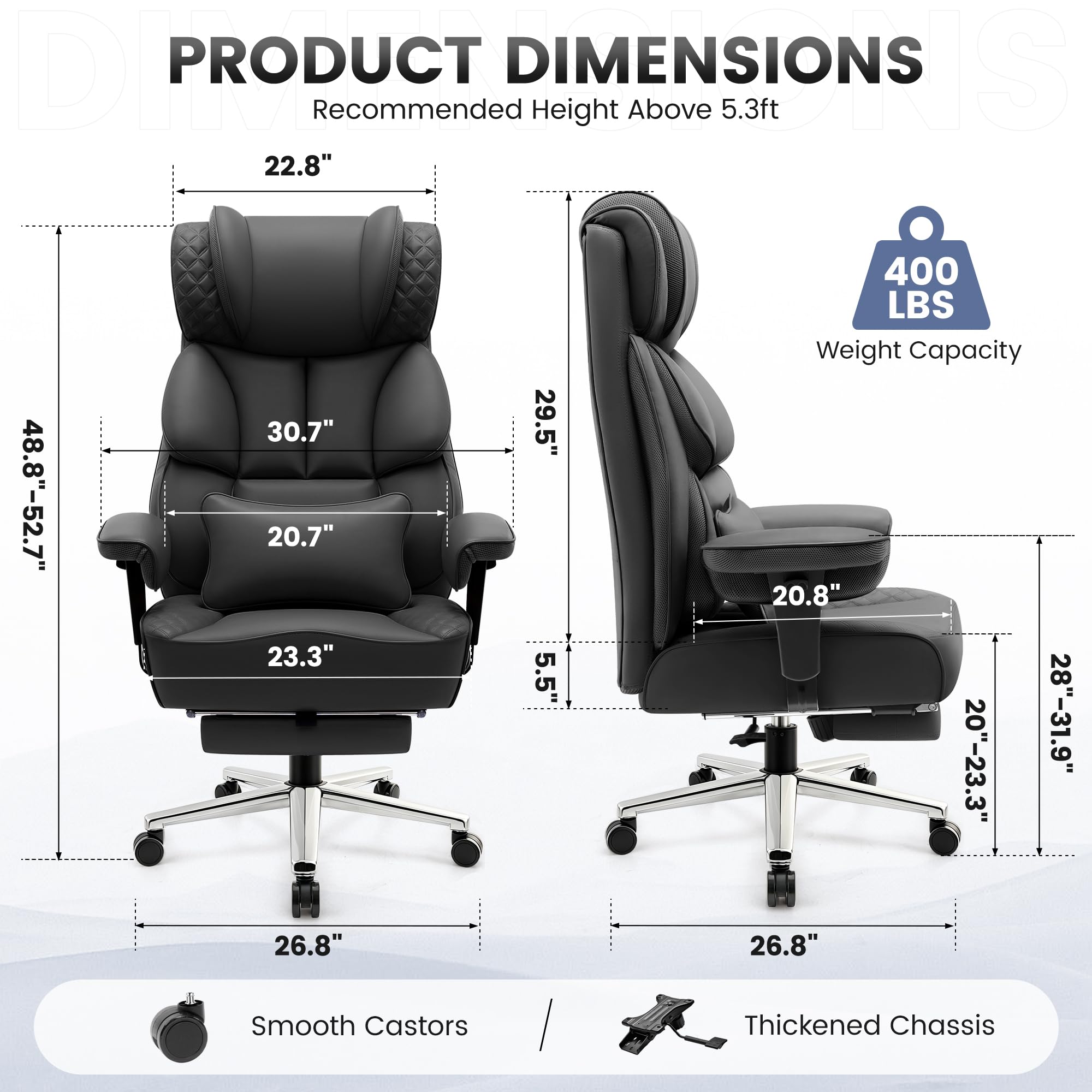 Office Desk Chair, Big and Tall Leather Gaming Chair with Footrest, Wide Ergonomic Comfy Executive High-Back Reclining Computer Chairs, Swivel Rolling Wheels and Padded Lumbar Support, Black Updated
