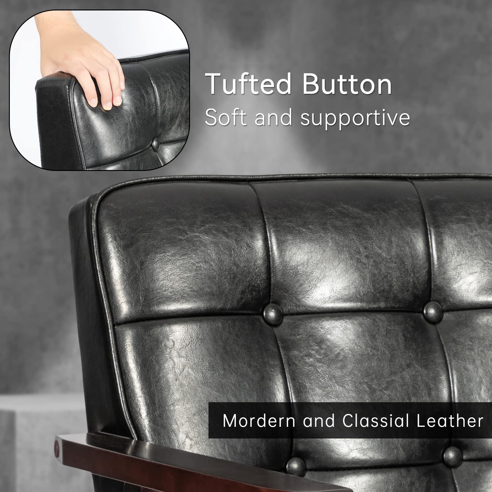 Mid Century Modern Accent Chair, Retro Wood and Leather Armchairs Side Chair, Lounge Reading Comfy Arm Chair for Living Room, Bedroom, Office (Black)