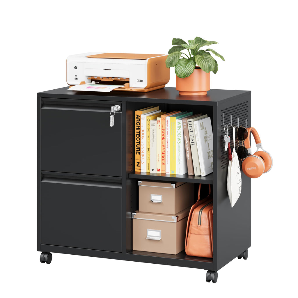 Mobile File Cabinet with Side Hook, 2 Drawer Lateral File Cabinet with Lock fits A4/Letters/Legal Size for Home Office,Metal Rolling Printer Stand with Open Storage Adjustable Shelves(Black)