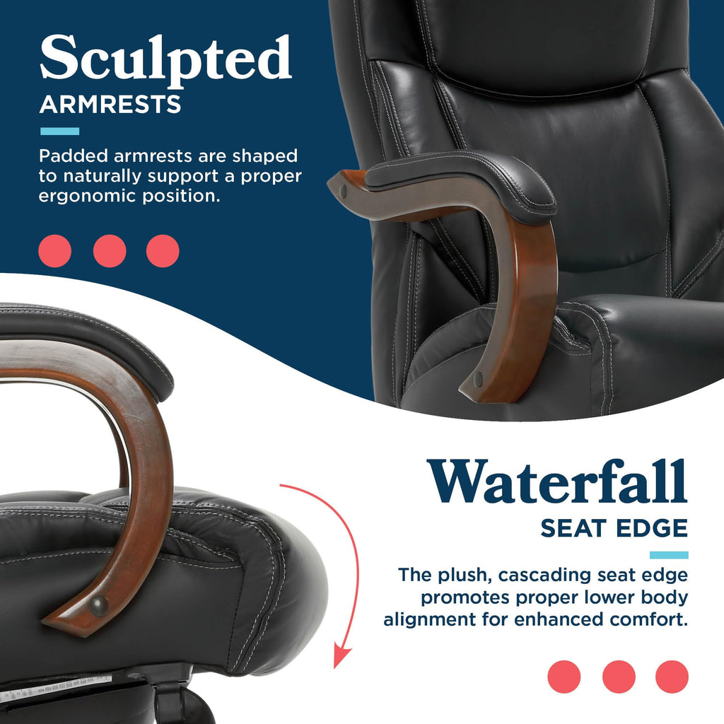 Delano Big and Tall Executive Office Chair - Ergonomic Lumbar Support Memory Foam - Bonded Leather Desk Chair for Home Office - Mahogany Wood Arms - Black