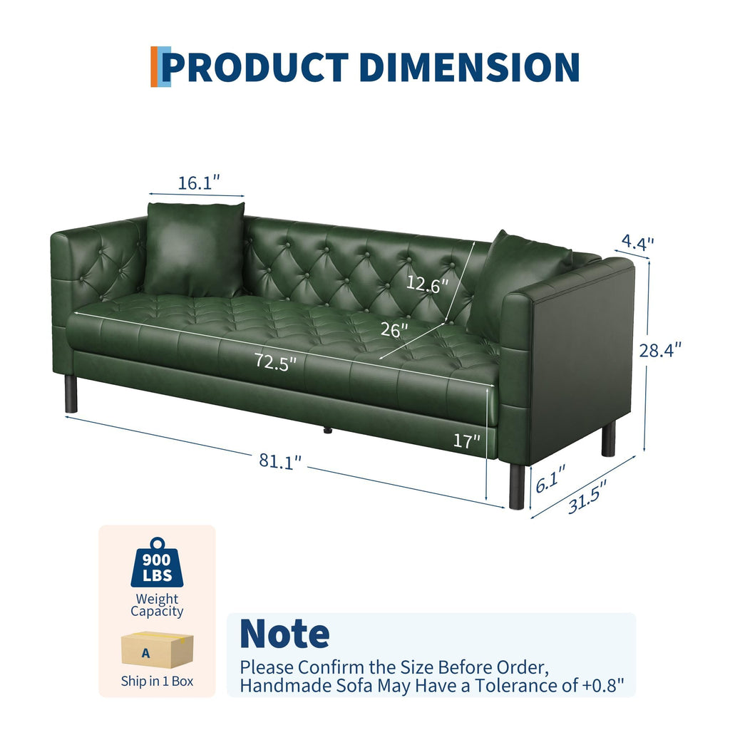 81 in Leather Couch, Modern Sofa Couch with Deep Seat, Handmade Button Tufted 3 Seater Sofa, Leather Sofa for Apartment, Office, Green