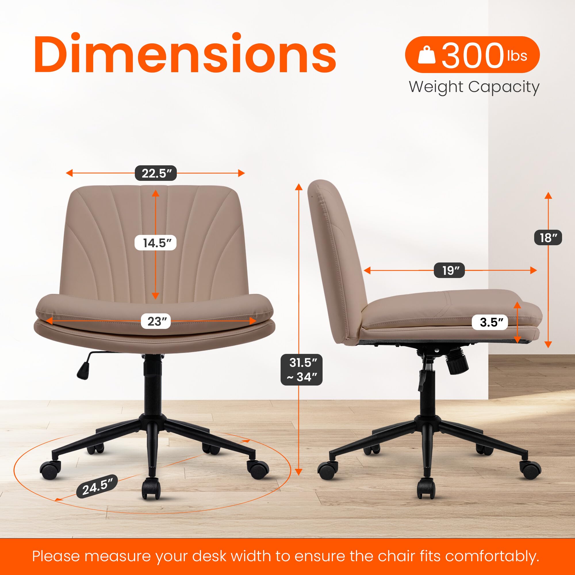 Criss Cross Chair with Wheels Comfy Wide Vanity Desk Chair Dual Base Leather Armless Adjustable Swivel for Home Computer Task (Brown Pu, Faux Leather)