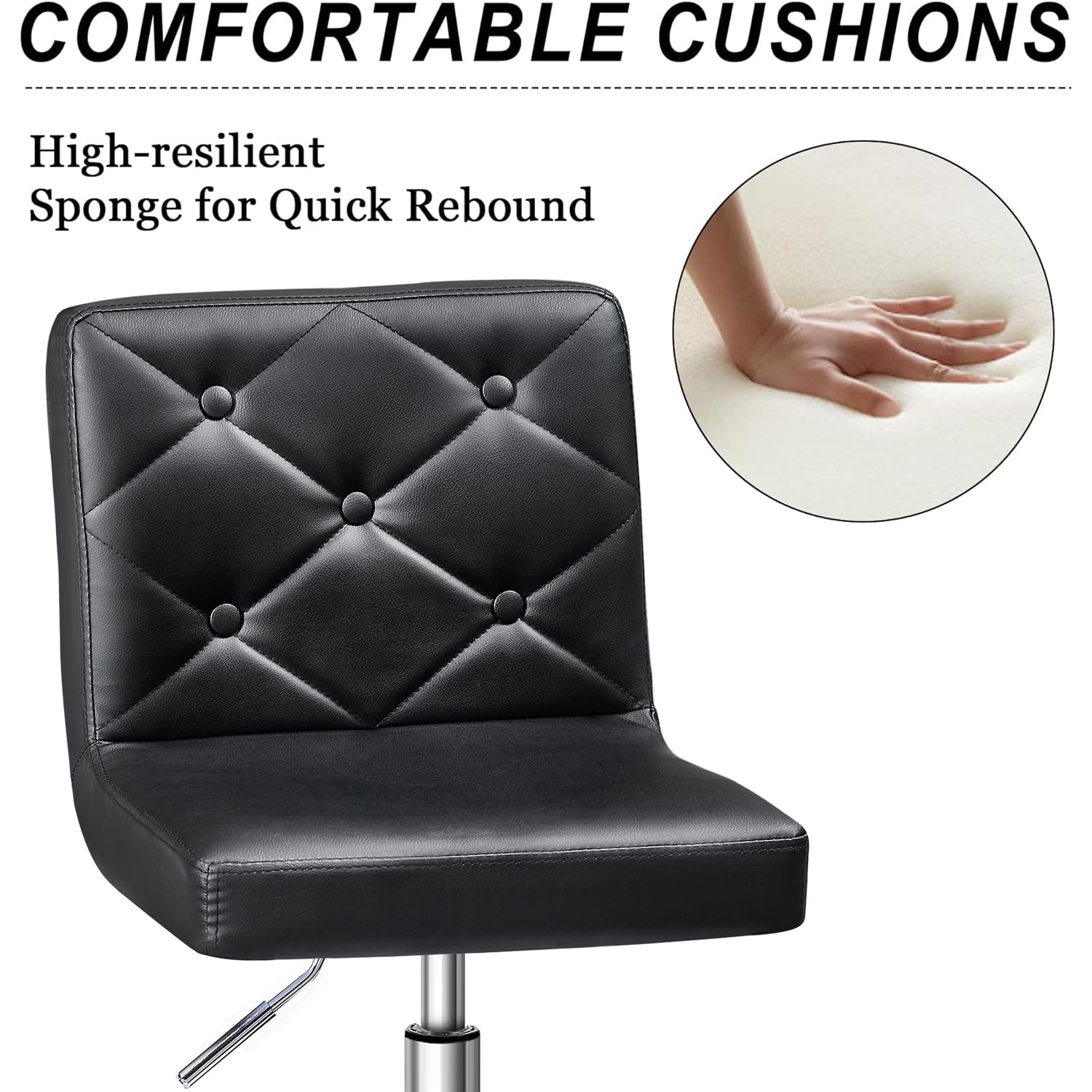 PU Leather Mid-Back Armless Vanity Chair Adjustable Height 360° Rolling Swivel for Office Work