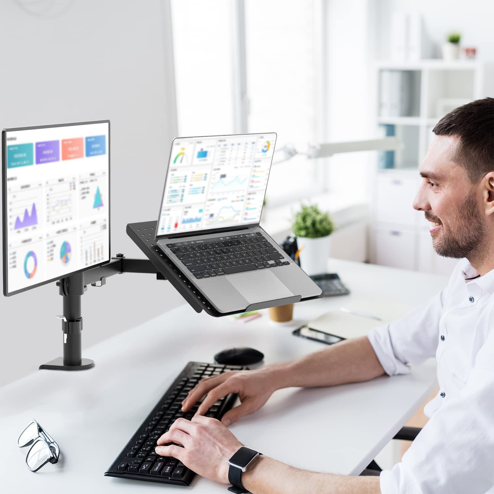 Dual Arm Laptop and Monitor Desk Mount for 17" Notebook and Up to 27" Screen, Fully Adjustable Monitor Arm with Laptop Tray, VESA 75x75 100x100, Holds up to 22 lbs, Black